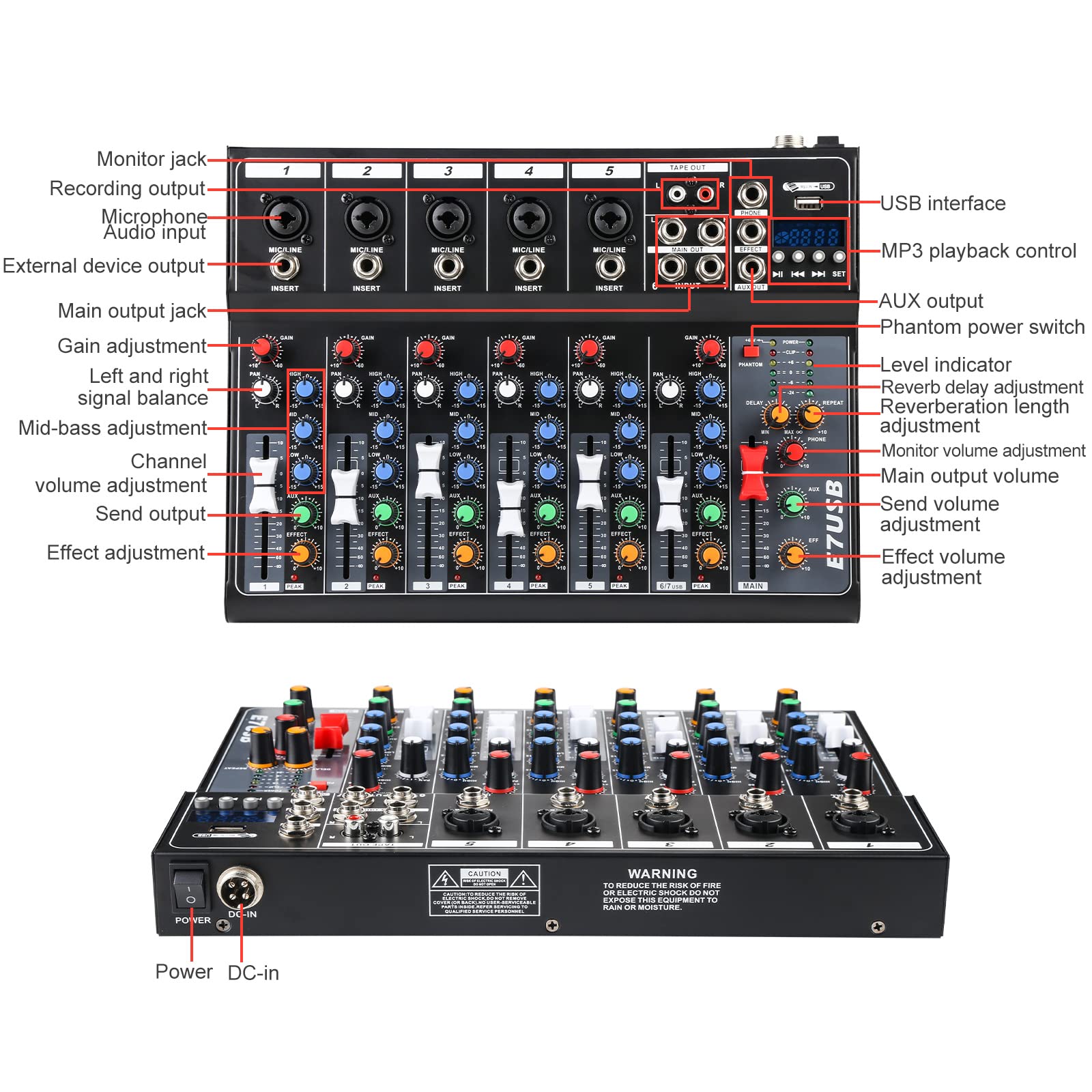 Dj Mixers 7 Channel Audio Mixer Sound Board With Bluetooth, Usb Audio Interface With 48V Phantom Power Sounds Mixer Board With F