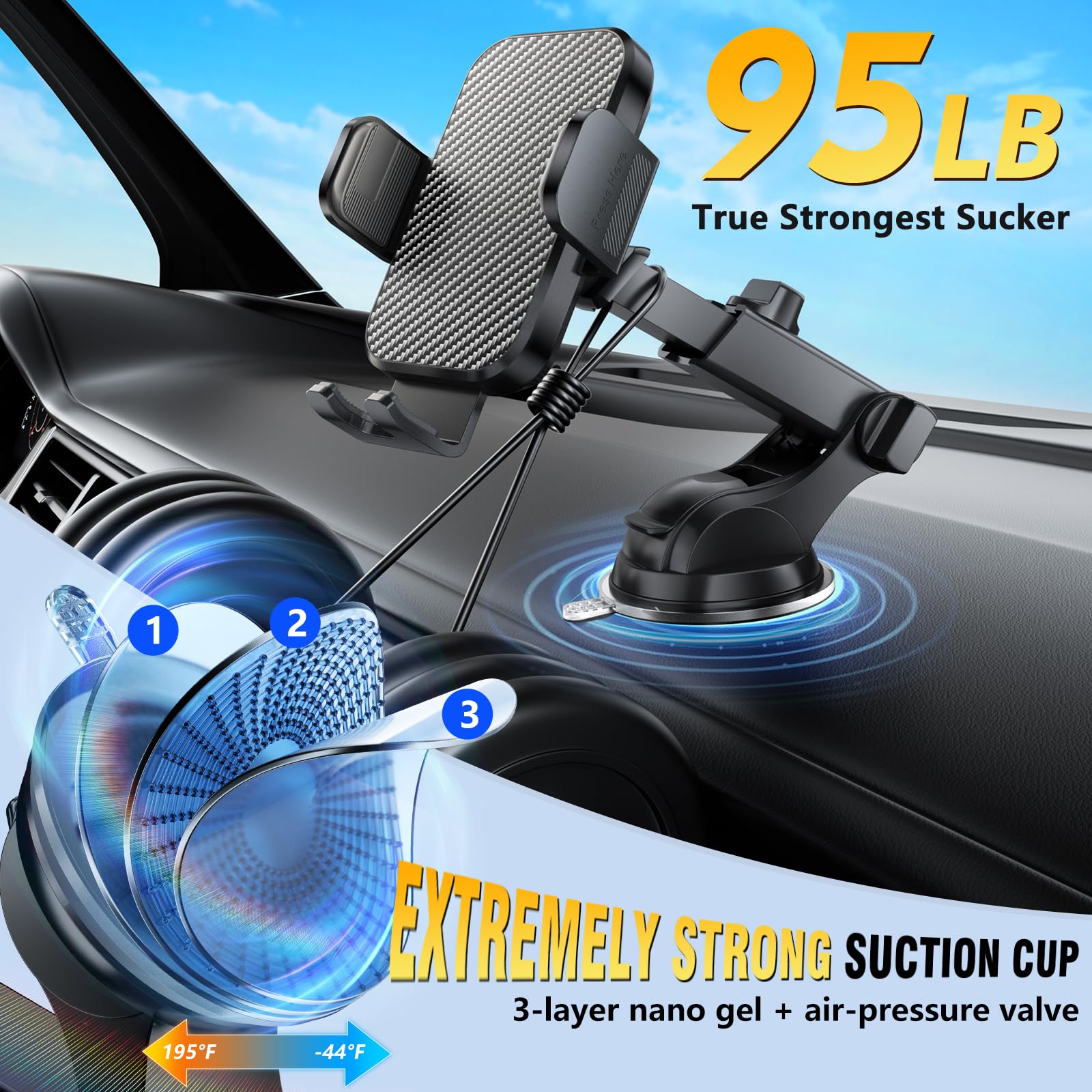 Phone Holders For Your Car 2025 Upgraded Military-Grade Strongest Suction & Stable Clamp Arm Car Phone Holder Mount 360Adjustabl