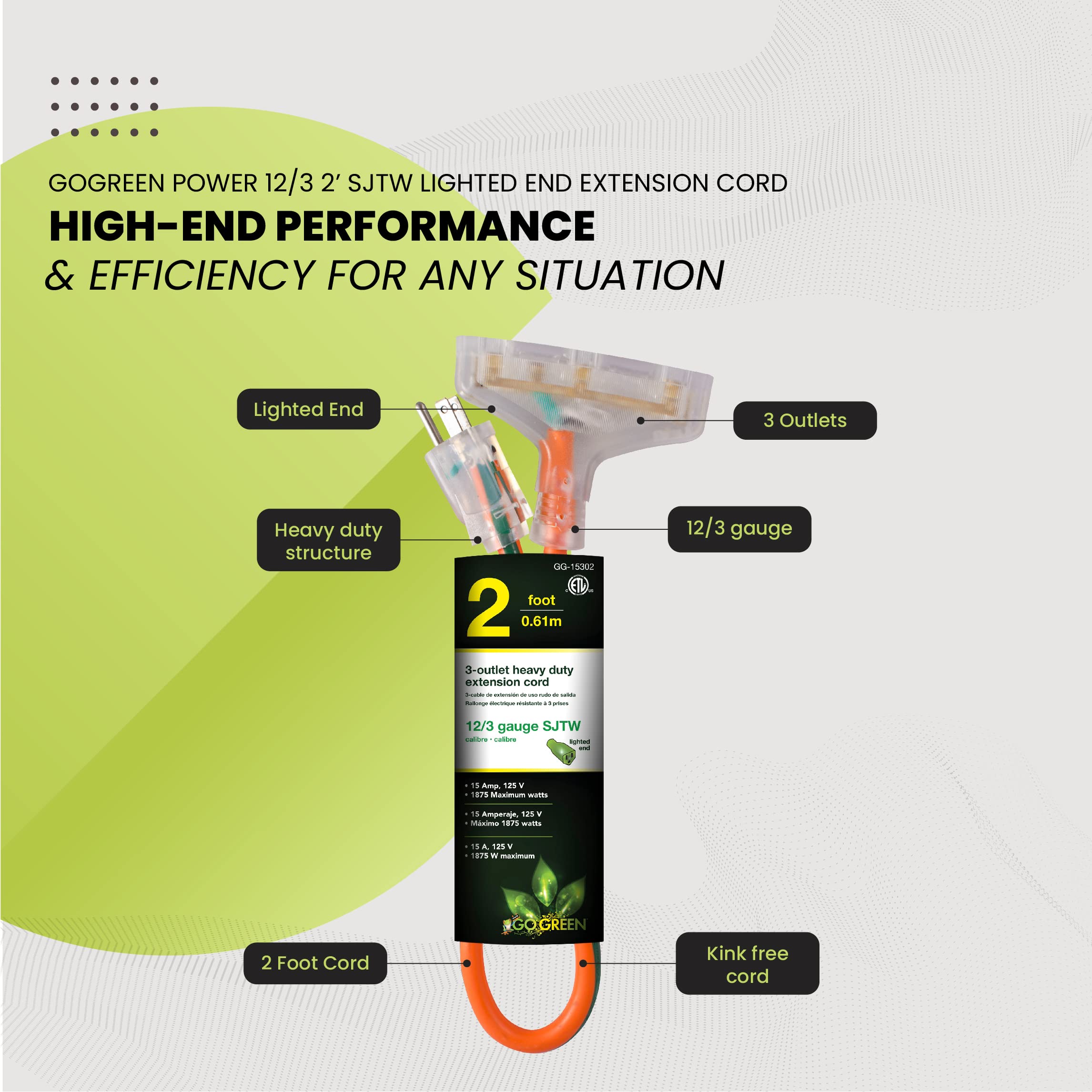 Gogreen Power (Gg 15302) 12/3 2' 3 Outlet Heavy Duty Extension Cord, Lighted End, 2 Feet