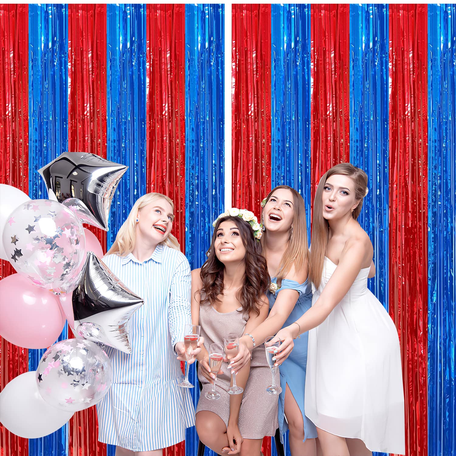 2 Pack Red And Blue Foil Fringe Curtains Photo Booth Prop Tinsel Streamer Backdrops Birthday Party Supplies Bachelorette Bridal