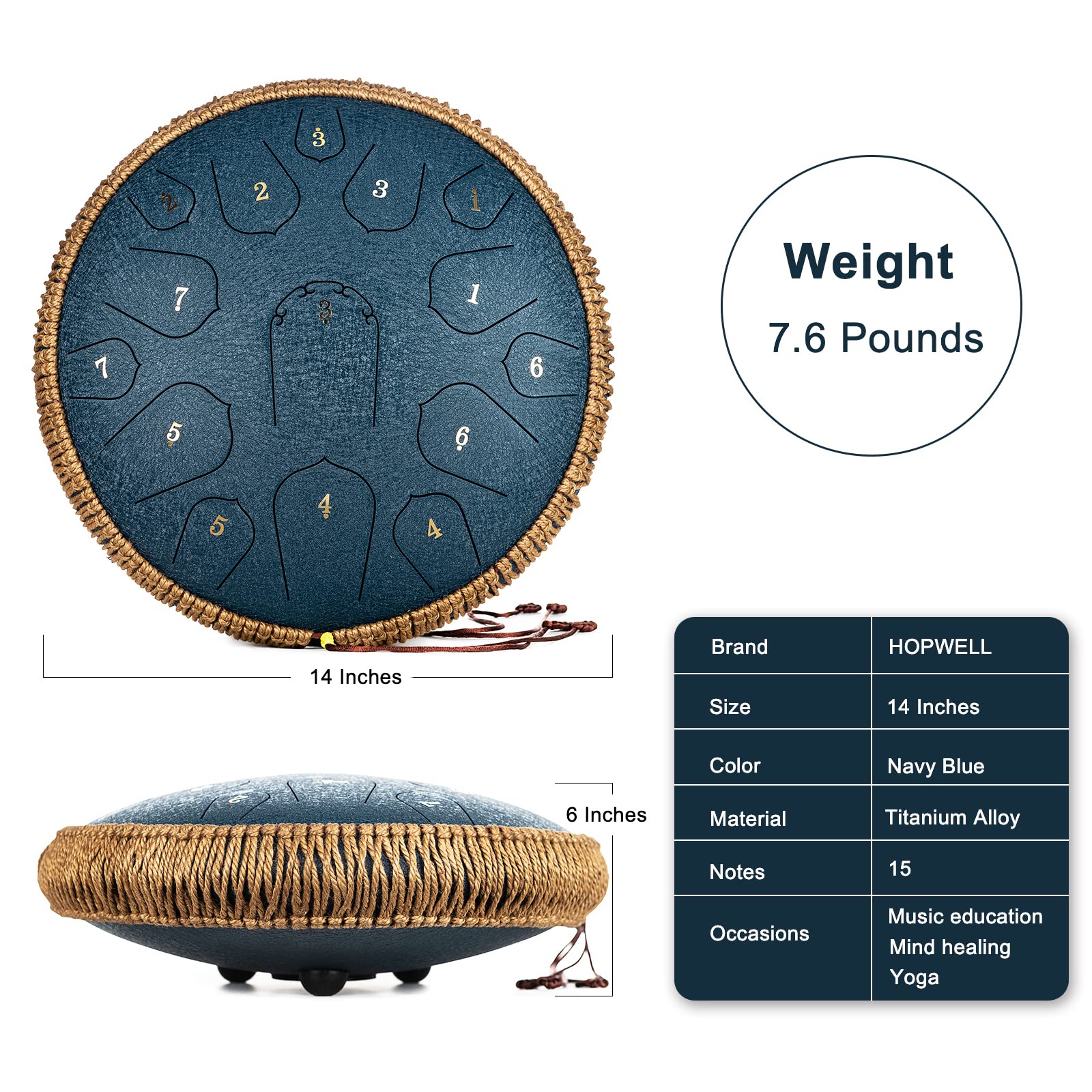 Hopwell Steel Tongue Drum   14 Inch 15 Note Tongue Drum   Hand Pan Drum With Music Book, Handpan Drum Mallets And Carry Bag, D M