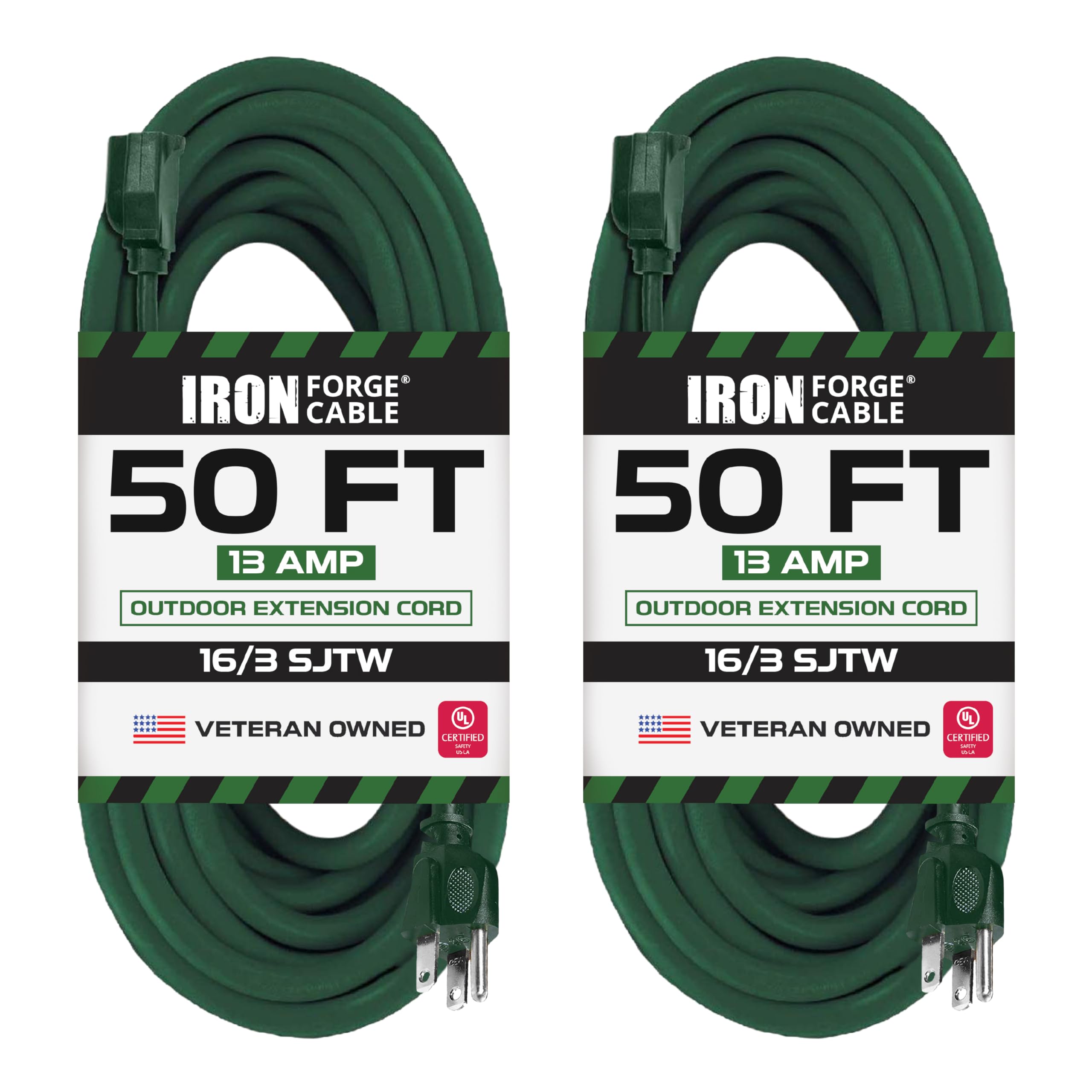 Iron Forge Cable Weatherproof Outdoor Extension Cord 50 Ft, 2 Pack, 16/3 Sjtw Heavy Duty Green Extension Cord 3 Prong, 13 Amp We