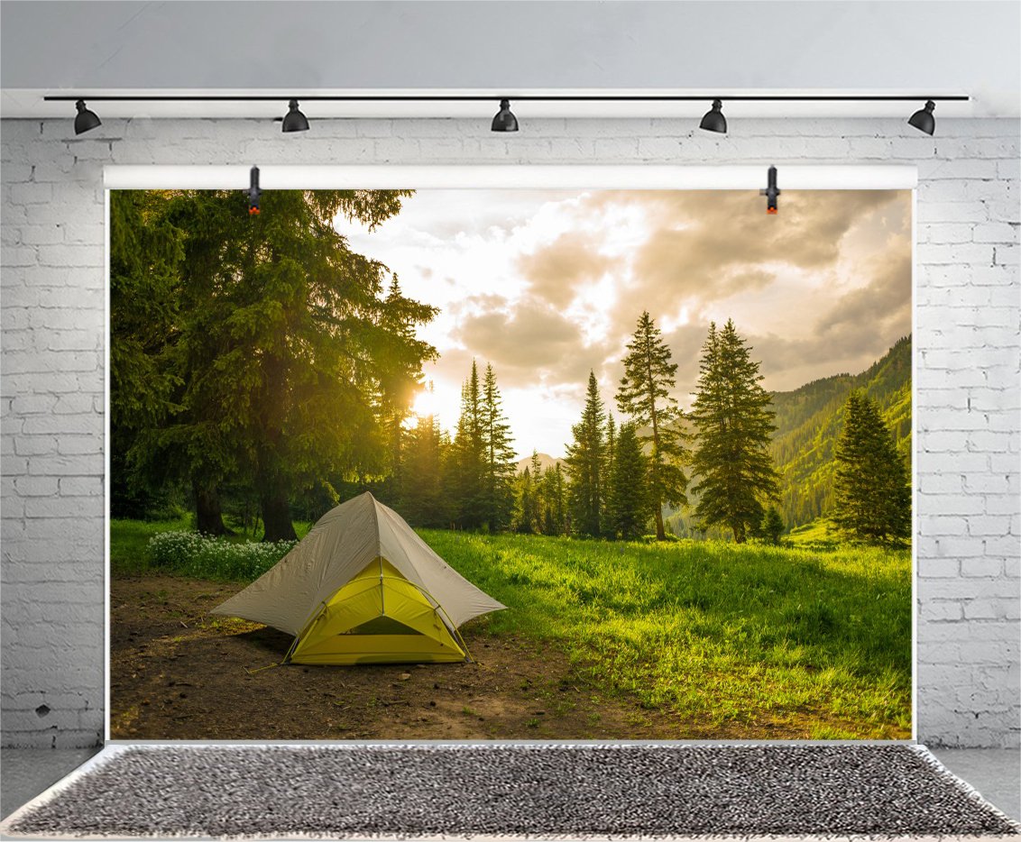 Lfeey 7X5Ft Pine Forest Camping Backdrop For Photoshoot Sunrise Outdoor Travel Mountains Landscape Grassland Camp Tents Photogra