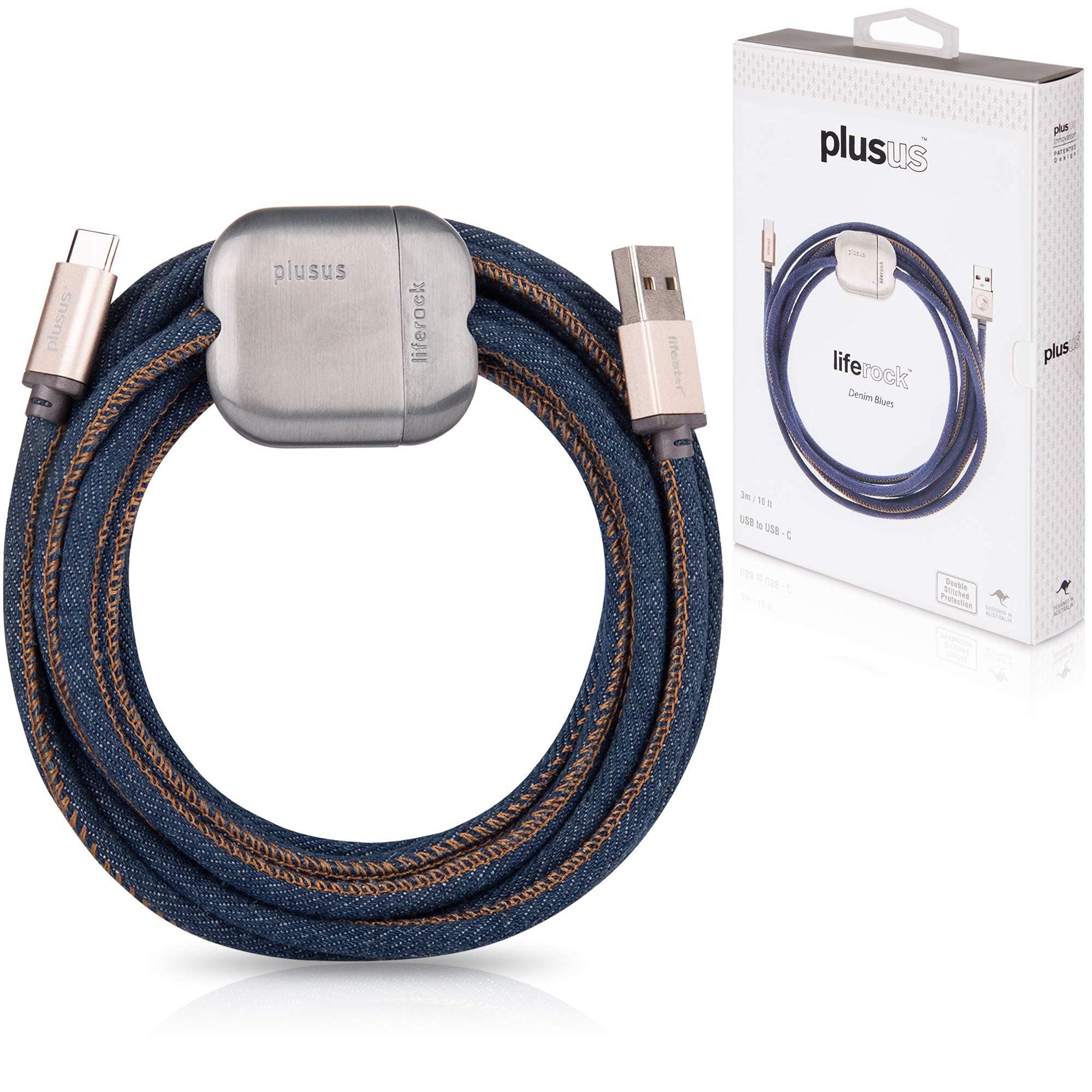 Plusus Liferock 10 Ft (3M) Extra Long Usb C To Usb Cable Handcrafted In Stitched Denim Featuring An Adjustable Alloy Weight