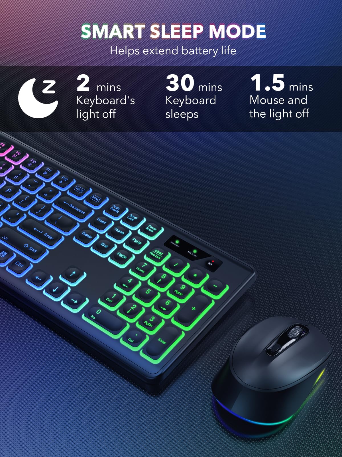Wireless Keyboard And Mouse Backlit, Quiet Light Up Keys, Tilt Legs, Sleep Mode   Rechargeable Usb Cordless Combo For Computer,