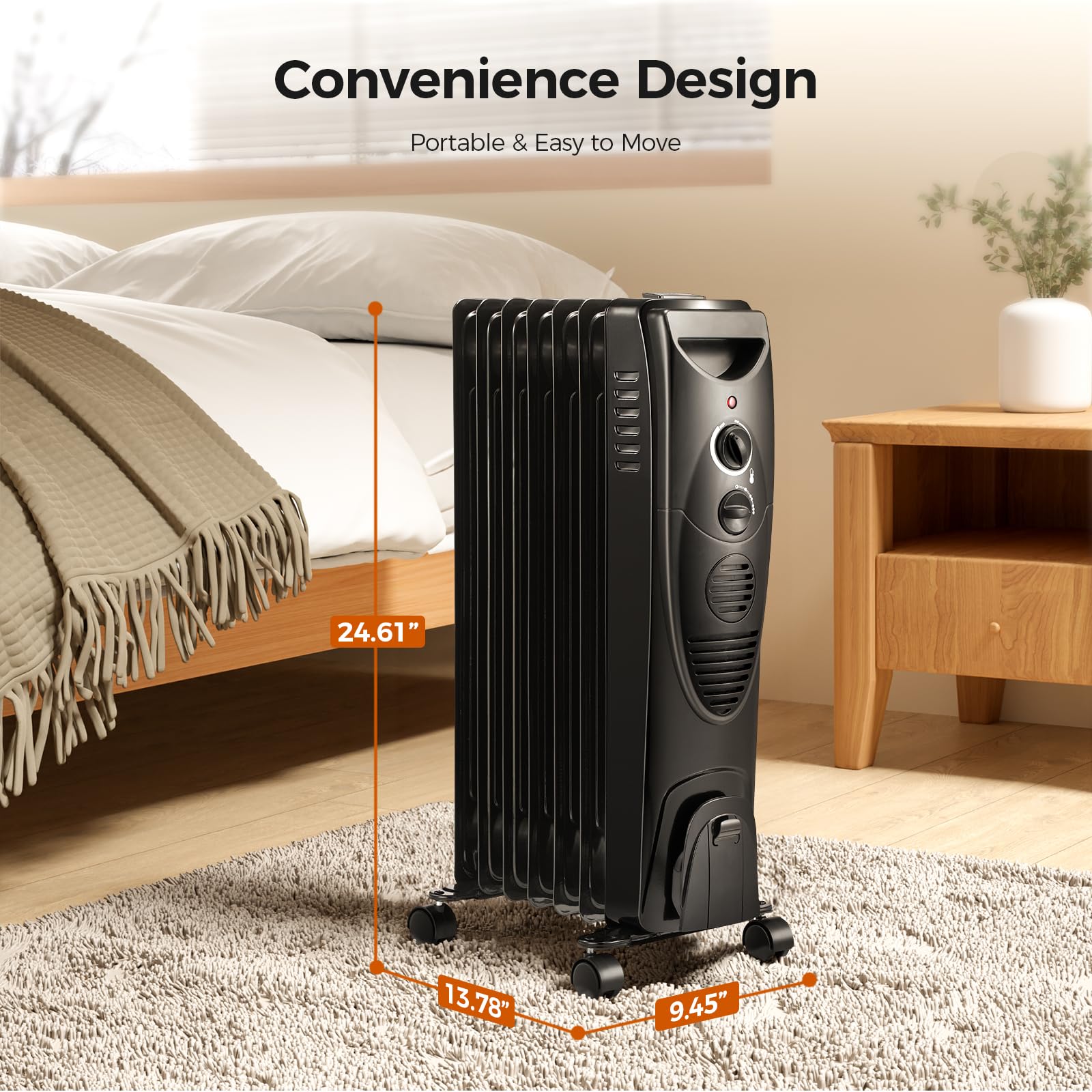 Kismile Portable Electric Radiator Heater, Oil Filled With 3 Heat Settings, Adjustable Thermostat, Overheat & Tip Over Protectio