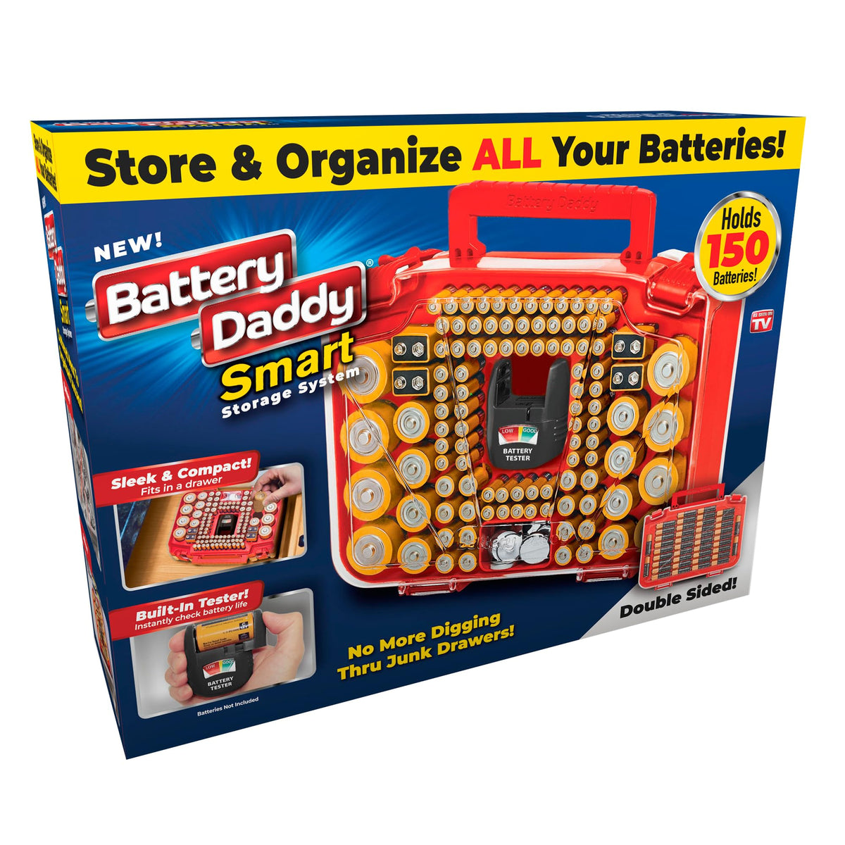Ontel Battery Daddy Smart   Battery Organizer Storage Case With Tester, Stores & Protects Up To 150 Batteries, Clear Locking Lid