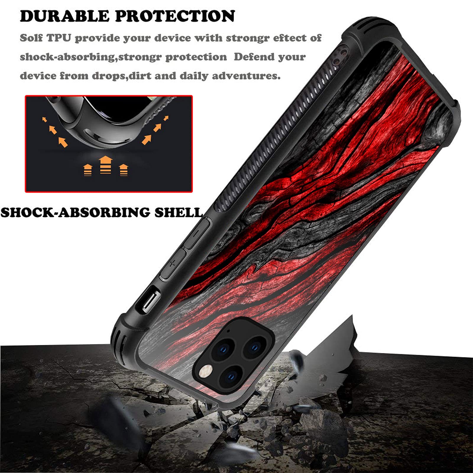 CARLOCA iPhone 13 Case Shockproof Anti-Scratch Hard Acrylic Black Red Wood Grain