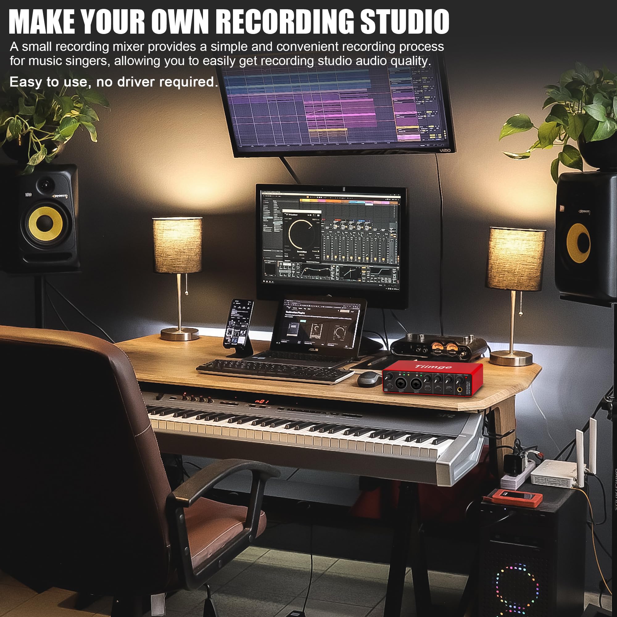 Tiimge 2X2 Usb Audio Interface For Pc, With 48V Phantom Power, 24Bit/192Khz High Fidelity, Mic Preamplifier Xlr/Tsr/Ts Ports, Co