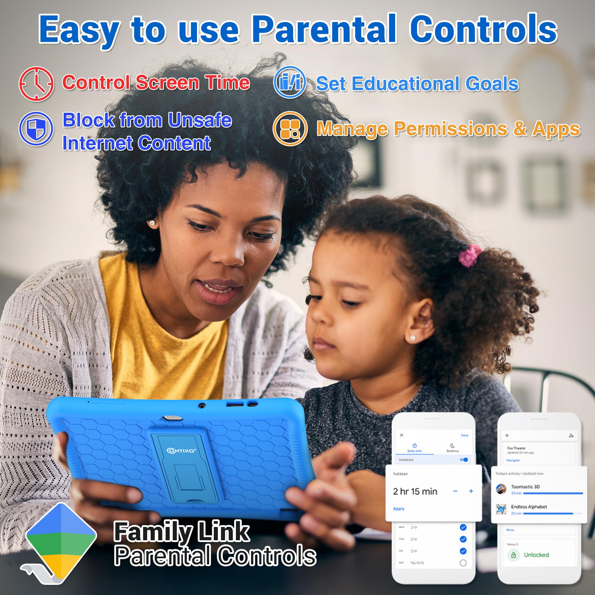 Contixo 10' Android Kids Tablet 32Gb, Includes 80+ Disney Storybooks & Stickers, Parental Controls, Kid Proof Case With Kickstand & Stylus, (2024 Model)   Blue