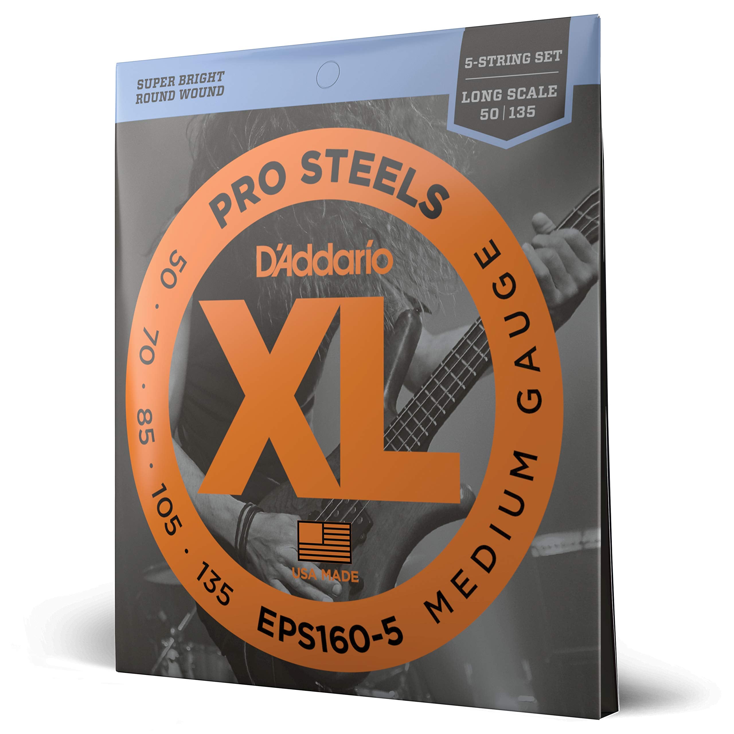 D'Addario Bass Guitar Strings, Xl Pro Steels, Eps160 5, Long Scale, Medium Gauge 50 135, 5 String Set, Pack Of 1