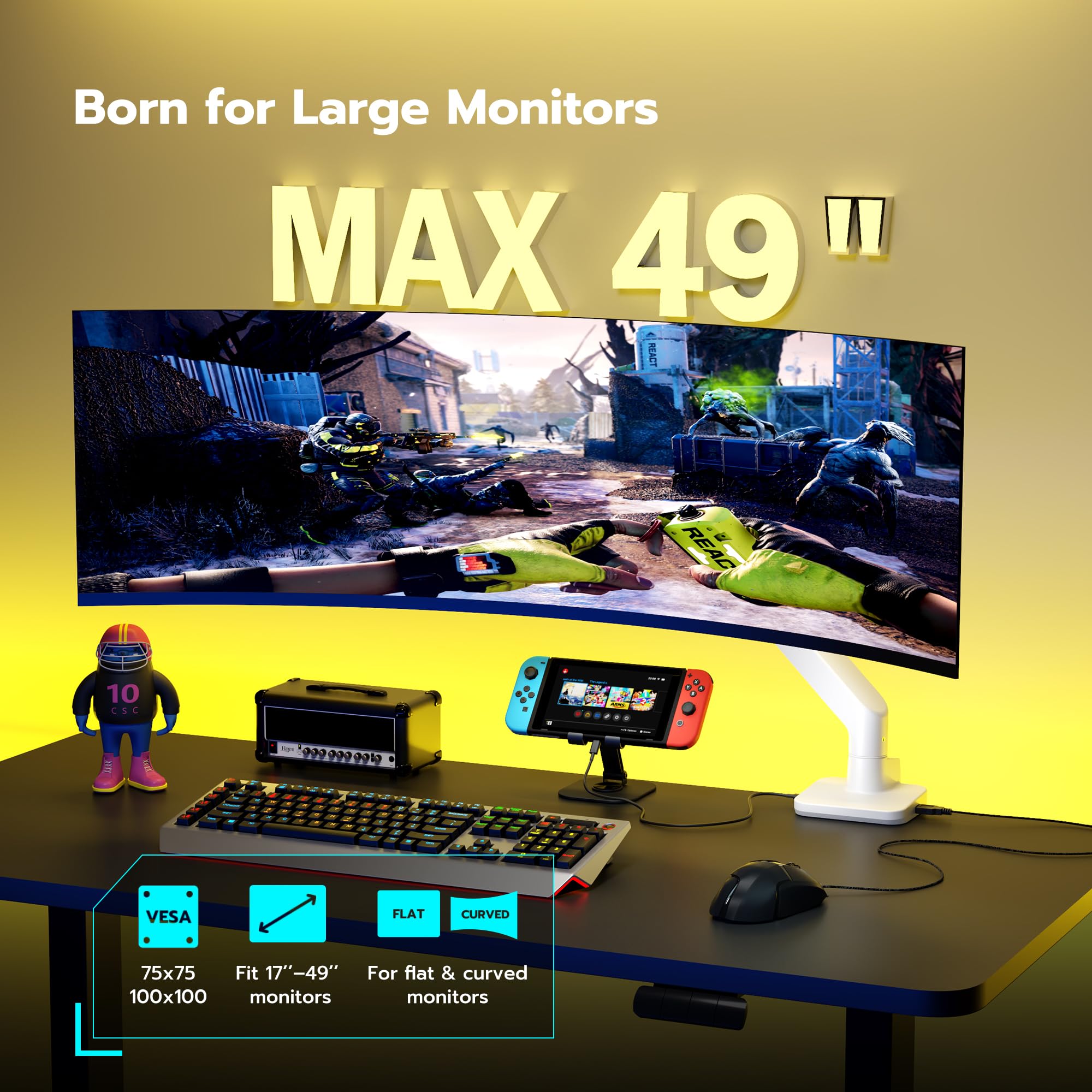 Ares Wing Single Monitor Mount With Usb A/C, Heavy Duty Monitor Arm For 17 To 49 Inch Ultrawide Monitor, Holds 44 Lbs, Adjustabl