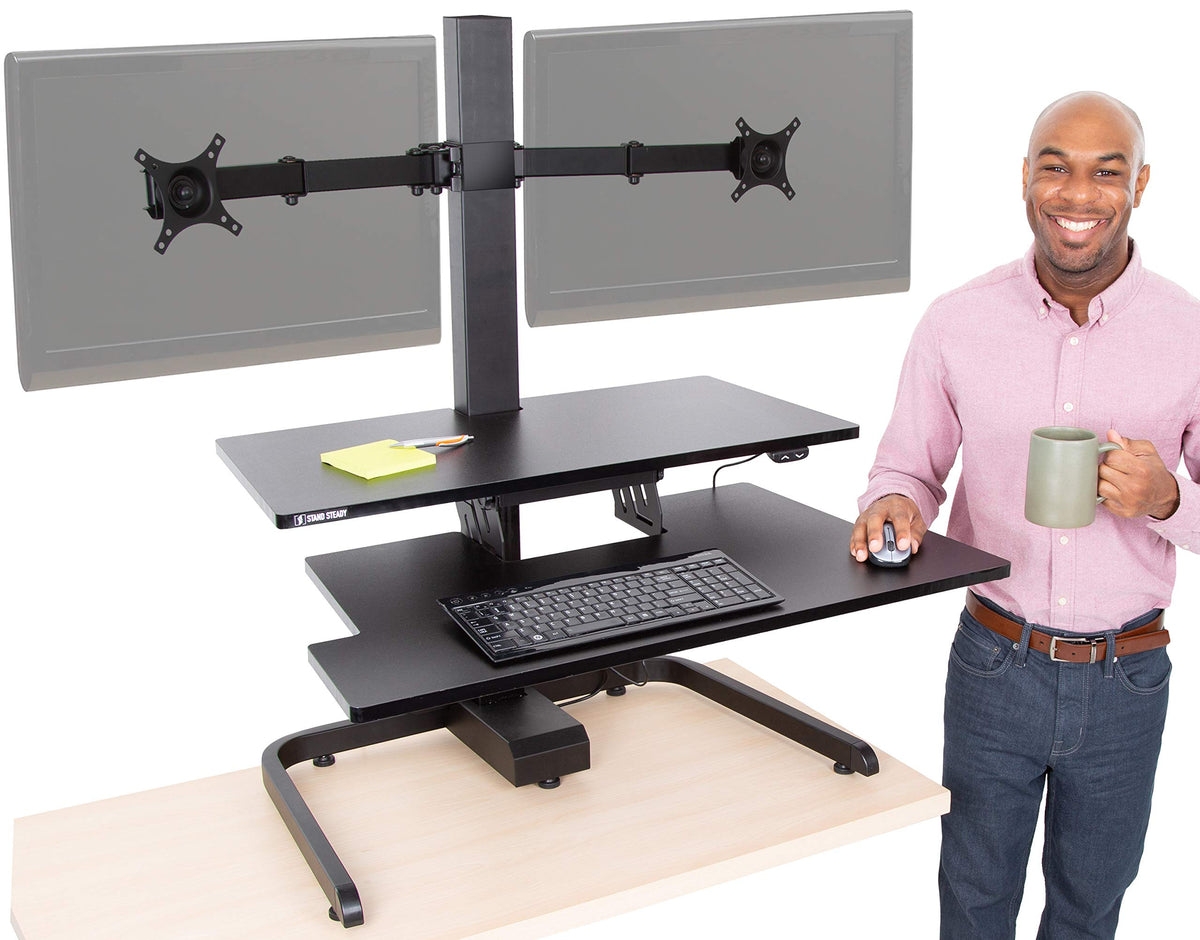 Stand Steady Techtonic Electric Standing Desk Converter With Dual Monitor Mount, 2 Screen Support, Quiet Sit Stand Desk With Button Control, Keyboard Tray, Ideal For Gaming & Computer Work (Black)