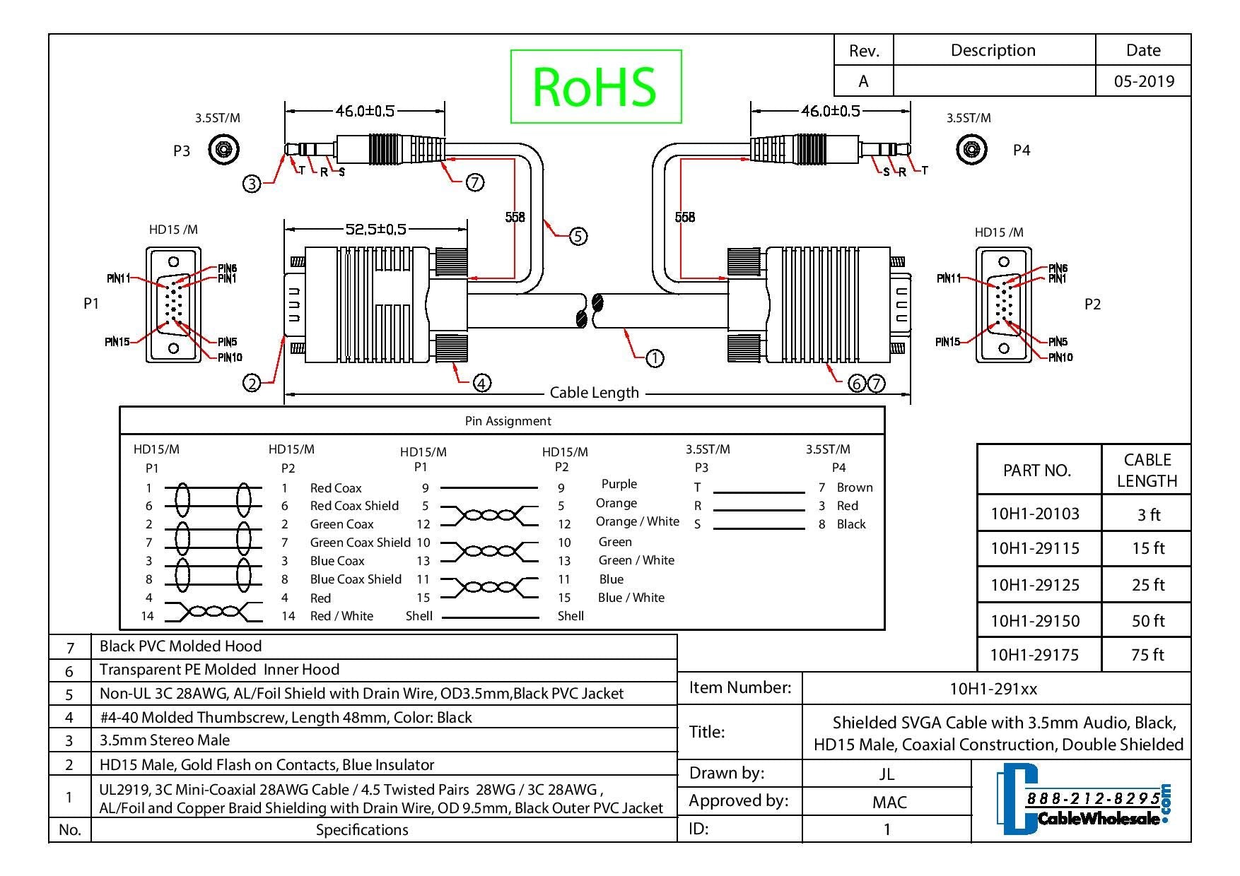 Cablewholesale Vga Cable With Audio, Svga Monitor Cable With 3.5Mm Stereo Audio, Hd15 Male To Male Plus Stereo Plug, Double Shie