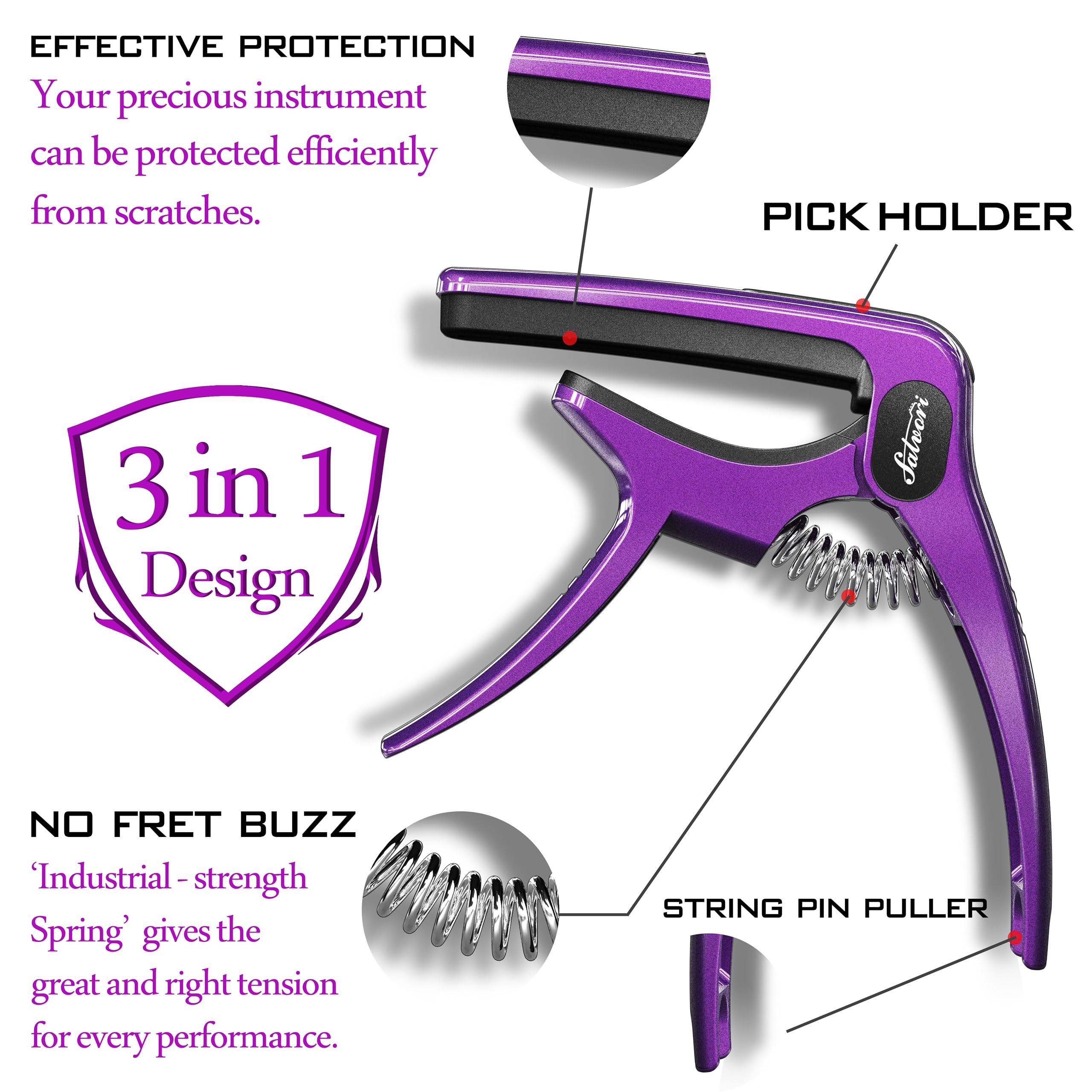 Salvori Exclusive Gradient Royal Silk Purple Heavy Duty Guitar Capo For Acoustic/Electric Guitar With 4 Picks, Guitar Clip/Guita