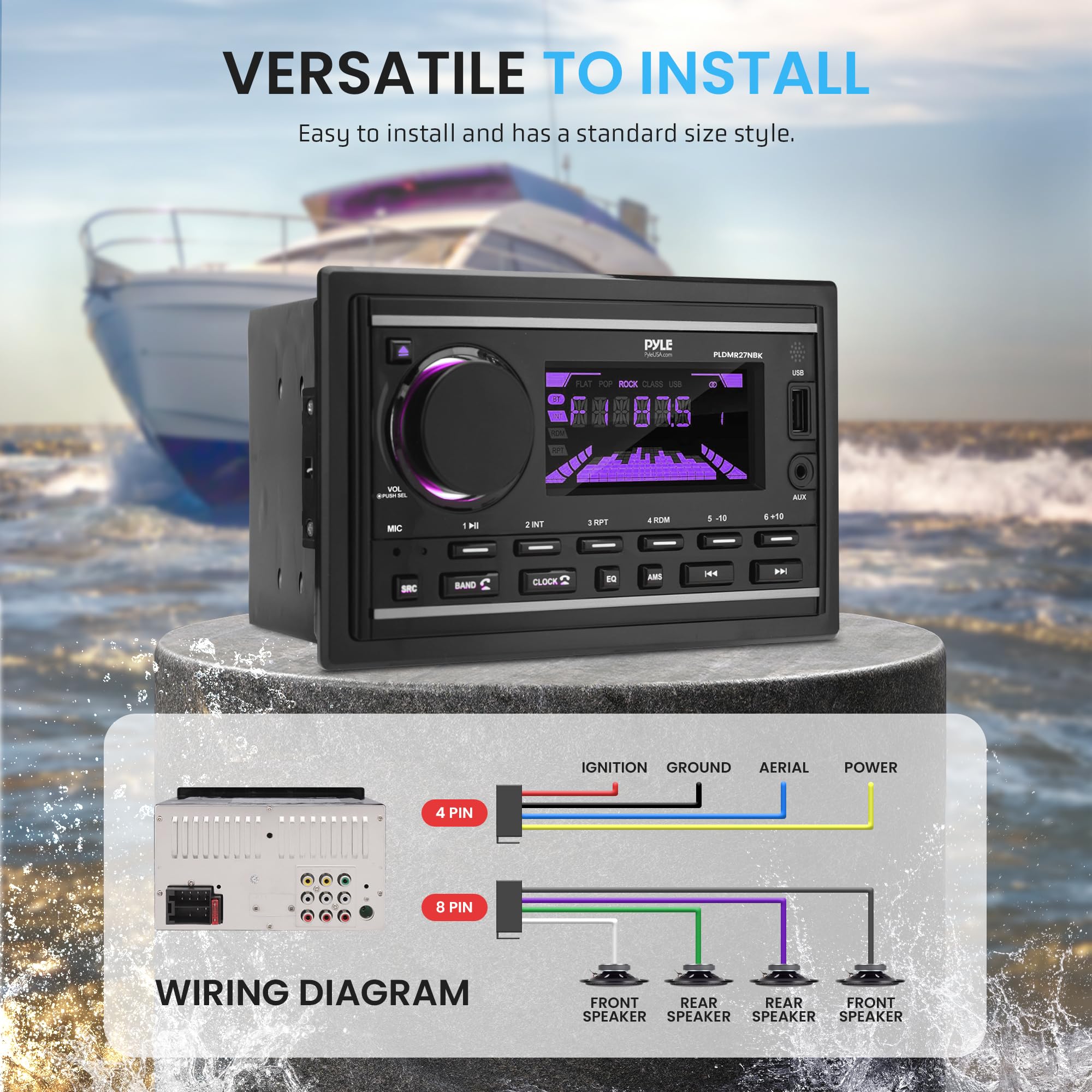 Pyle Double Din Marine Bluetooth Receiver Stereo - Am/Fm/Mp3/Usb/Aux 12V Power Amplifier With 30 Preset Memory Stations, Lcd Dis