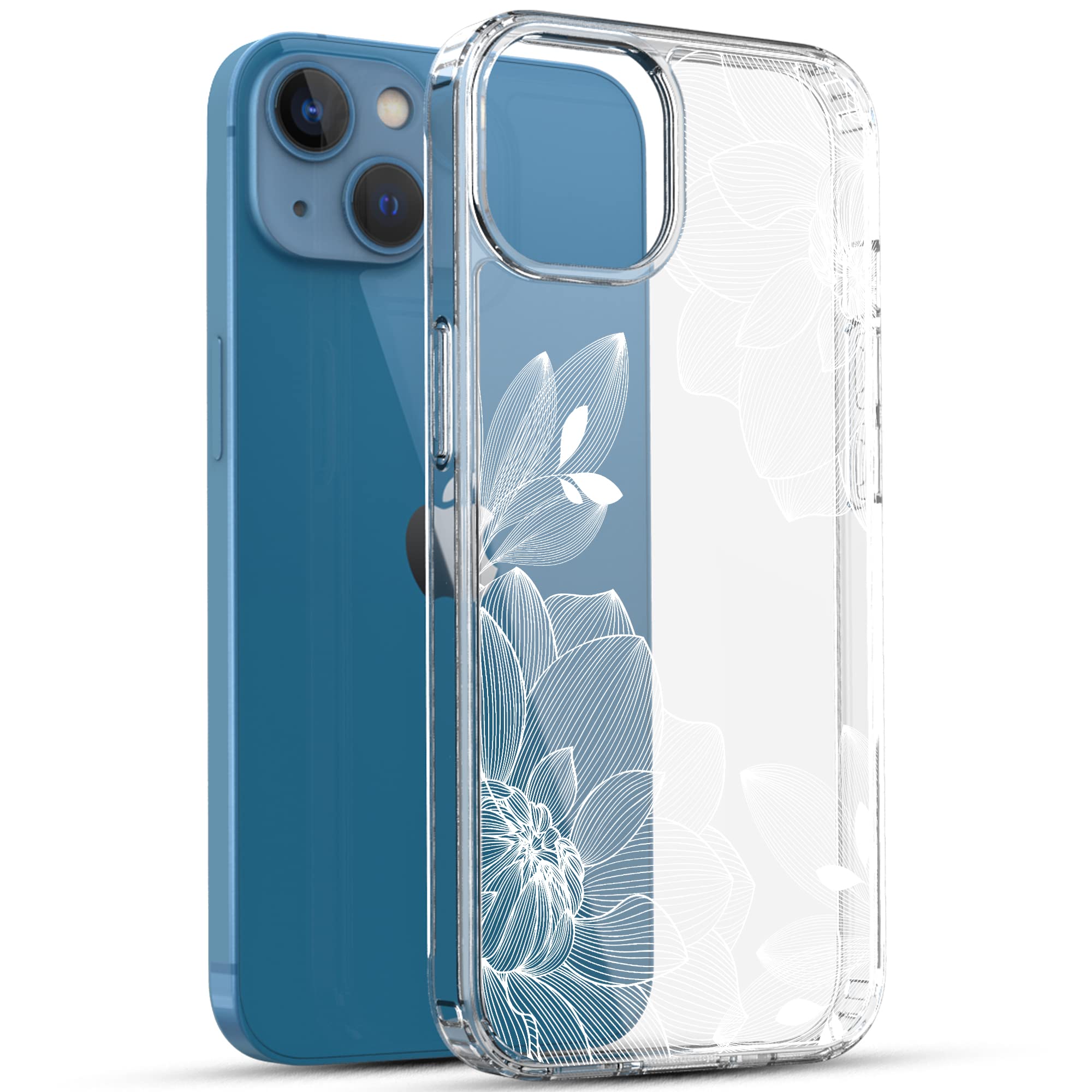 RANZ iPhone 13 Case Anti-Scratch Shockproof Clear Acrylic TPU Bumper White Lace Chrysanthemum (6.1")