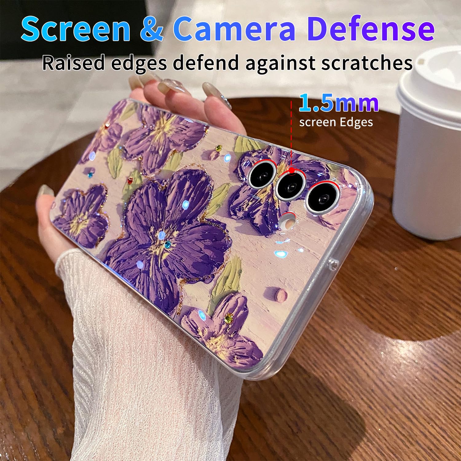 Leleyun Case For Samsung Galaxy S24 Plus, Retro Oil Painting Printed Flower Cute Pattern With Glitter Gem Phone Cover Durable Tp