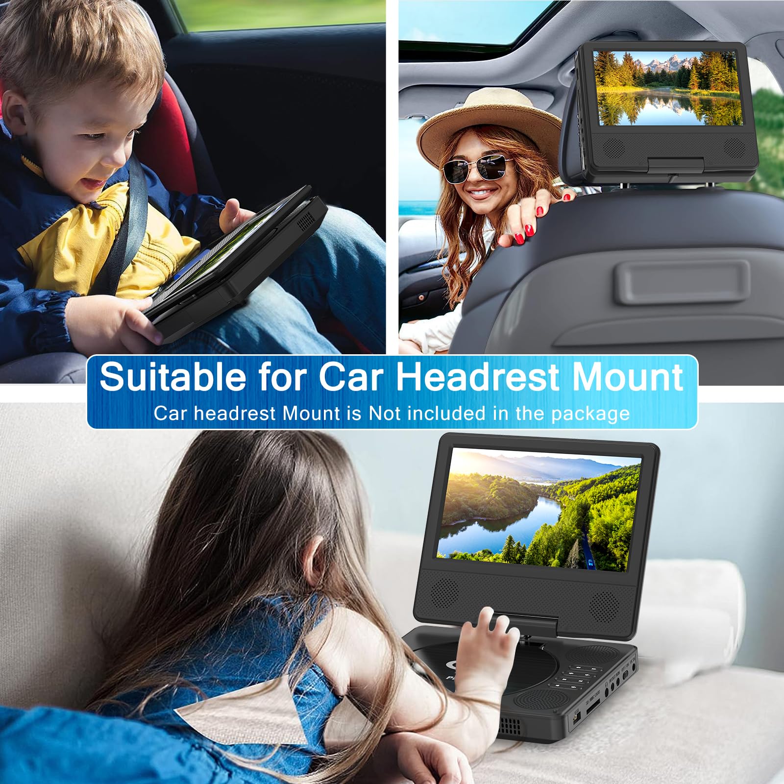 9.5'' Portable Dvd Player With 7.5'' Swivel Display Screen, 5 Hour Built In Rechargeable Battery, Car Dvd Player,Supports Sd Car