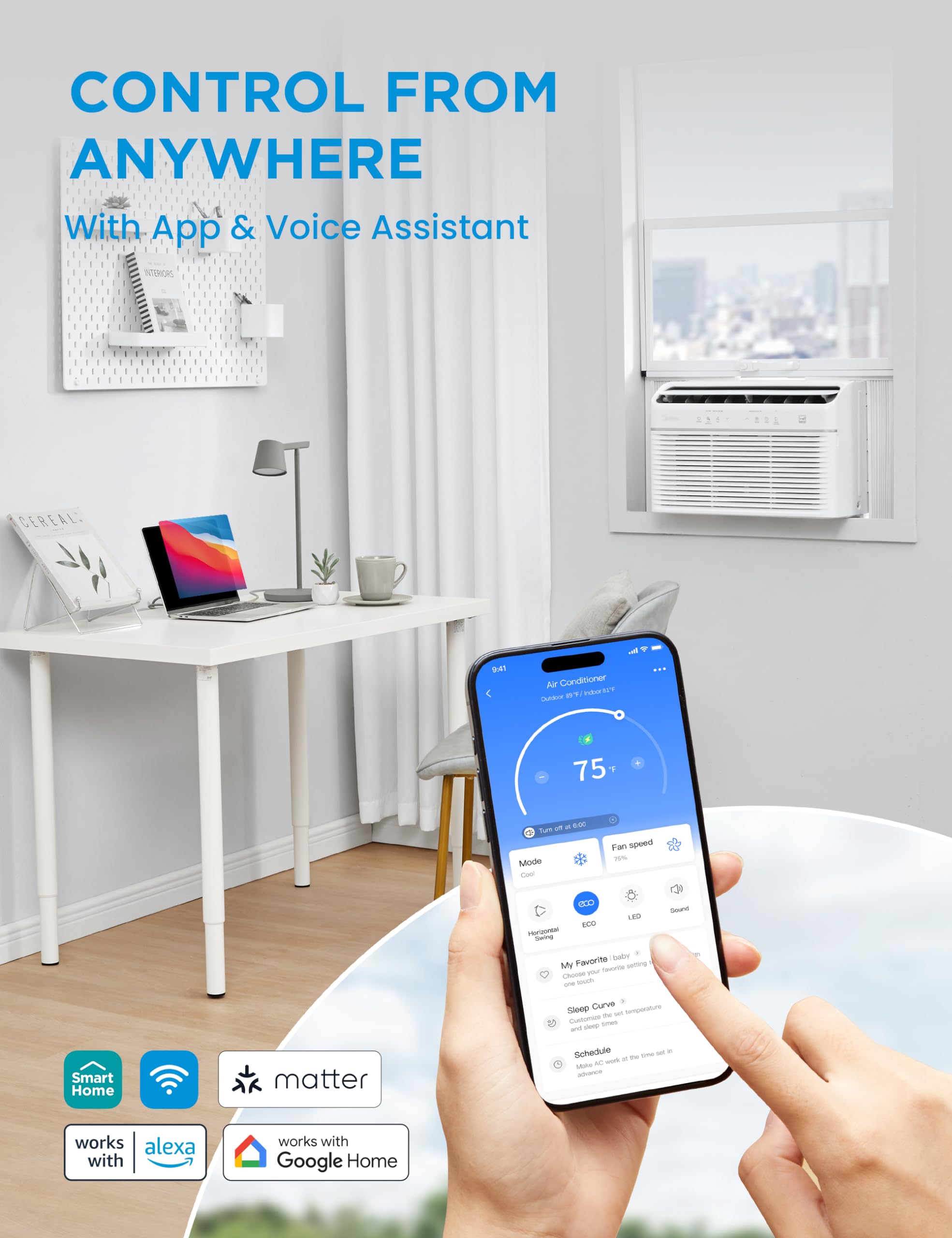 Midea Maw08Hv1Cwt Easycool Smart Inverter Air Conditioner Window Unit With Heat, 8,000 Btu, White