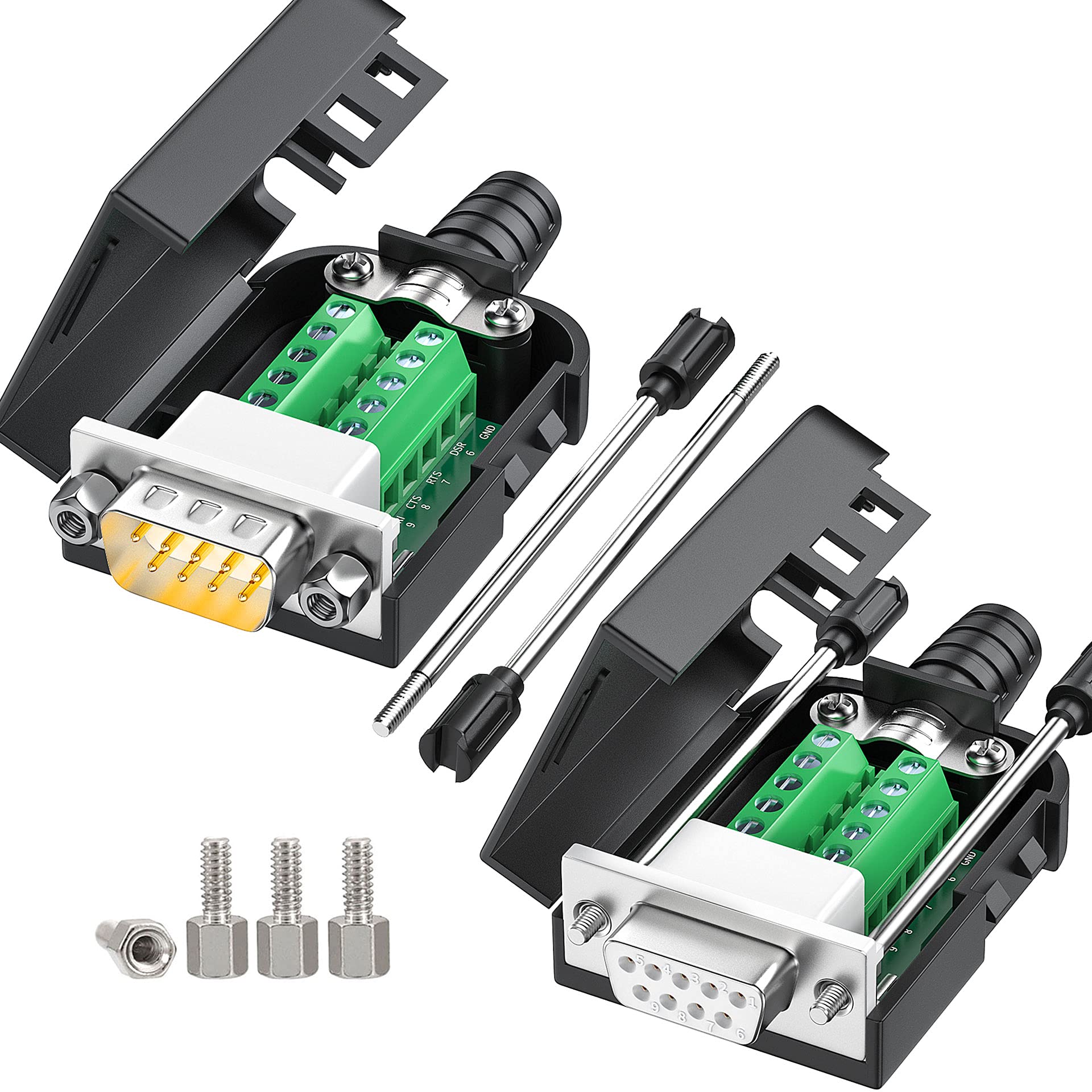 Juxinice 2Packs Db9 Serial Adapters No Soldering Needed. D Sub 9 Pin Rs232 Rs485 Adapter To Terminal Connector Signal Module With Bolts Nuts And Screwdriver (1Pcs Male+1Pcs Female)