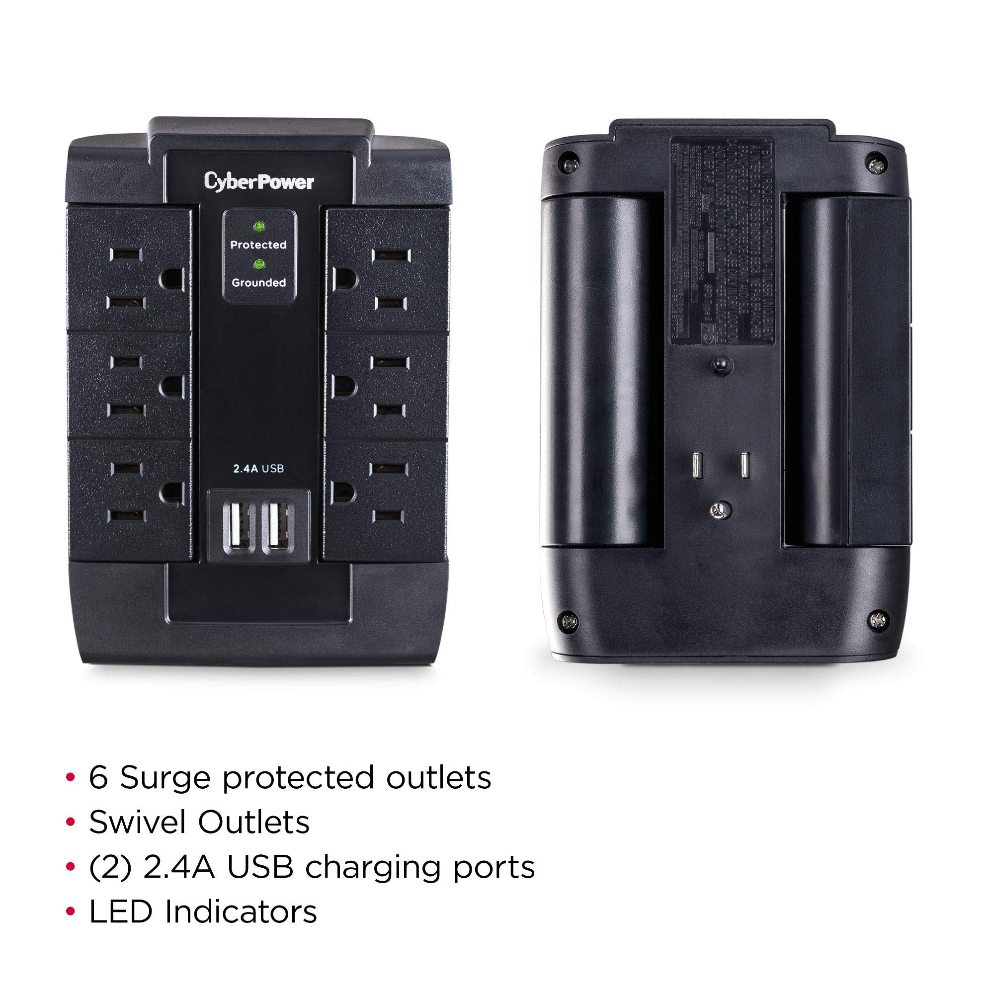 Cyberpower Csp600Wsu Surge Protector, 1200J/125V, 6 Swivel Outlets, 2 Usb Charging Ports, Wall Tap Design, Black