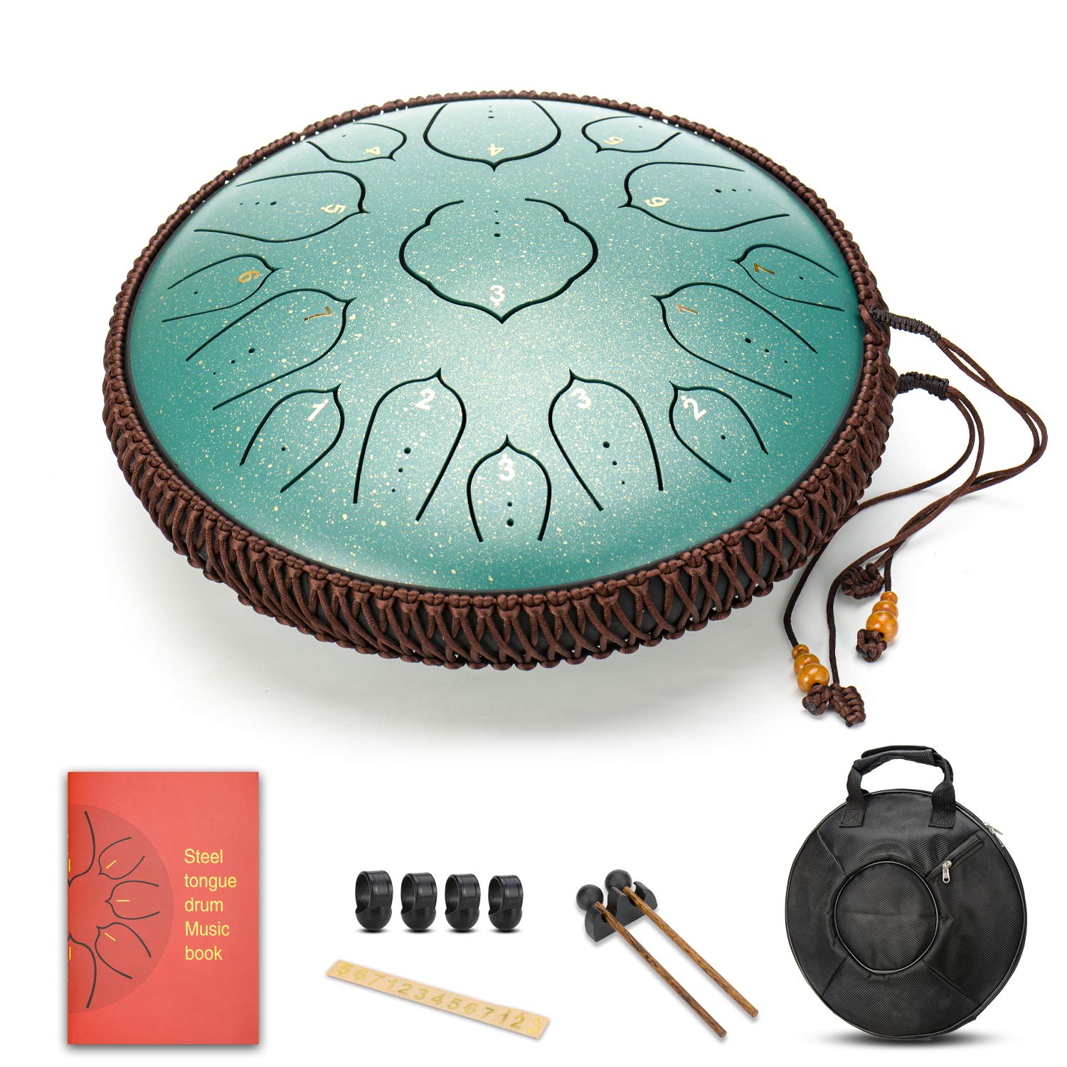 Green 15 Notes 14 Inches Steel Tongue Drum | Wide Range Steel Drum With Carrying Bag & Mallets | Tank Drum For Healing | Random 