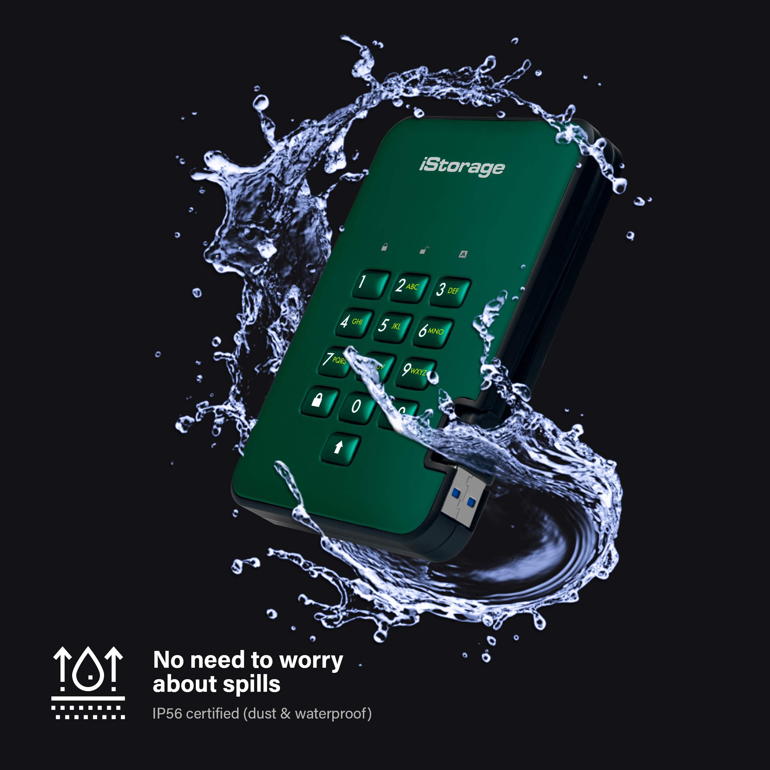 Istorage Diskashur2 Hdd 1Tb Green | Secure Portable Hard Drive | Password Protected | Dust & Water Resistant | Hardware Encrypti