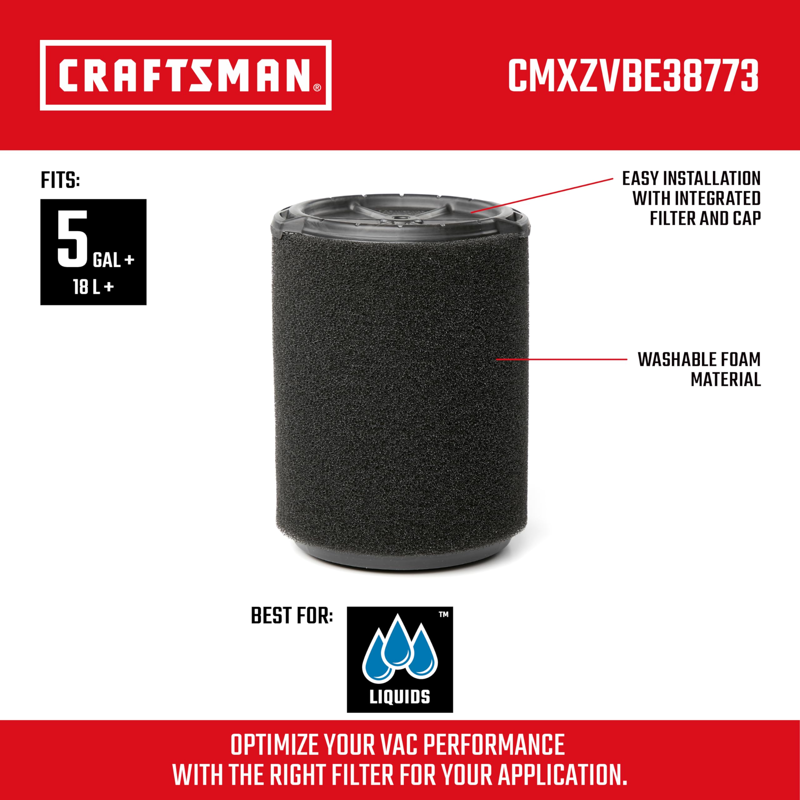 Craftsman Cmxzvbe38773 Wet Application Filter For 5 To 20 Gallon Wet/Dry Vacs And Shop Vacuums