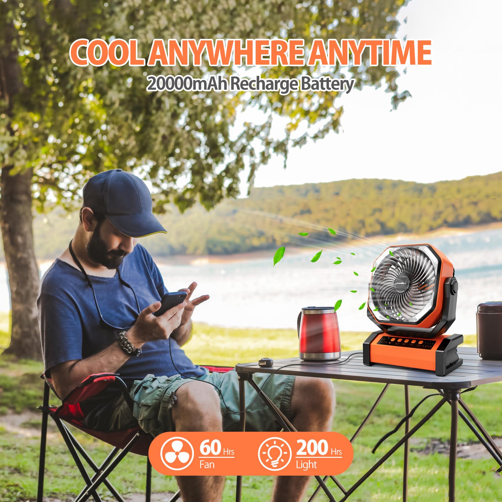 Addacc 20000Mah Rechargeable Camping Fan   Battery Operated Fan With Light & Remote, Auto Oscillating, 4 Timer, 60 Hrs Work Cord