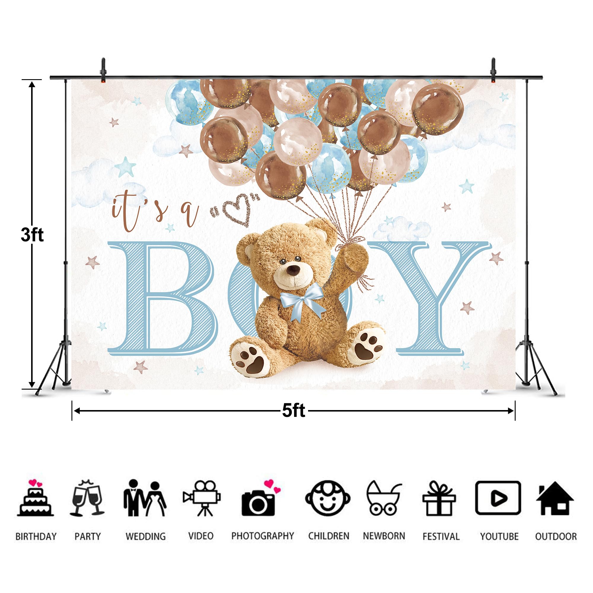 Imirell Boys Bear Baby Shower Backdrop 5Wx3H Feet It'S A Boy Lovely Cute Blue Brown Watercolor Cartoon Balloons Polyester Fabric