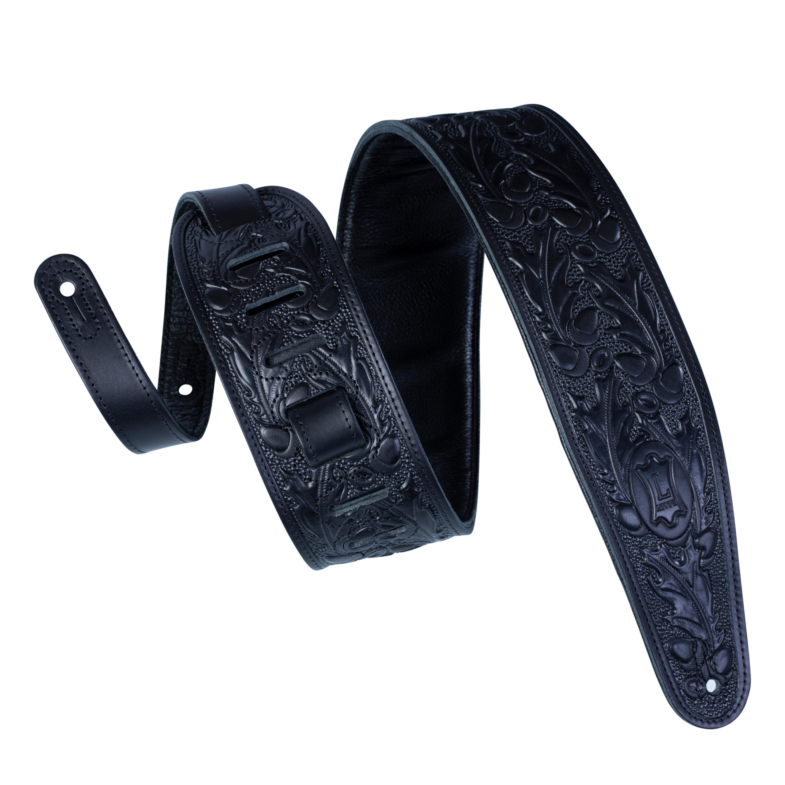 Levys PM44 3 Acorn Tooled Leather Guitar Strap  Black
