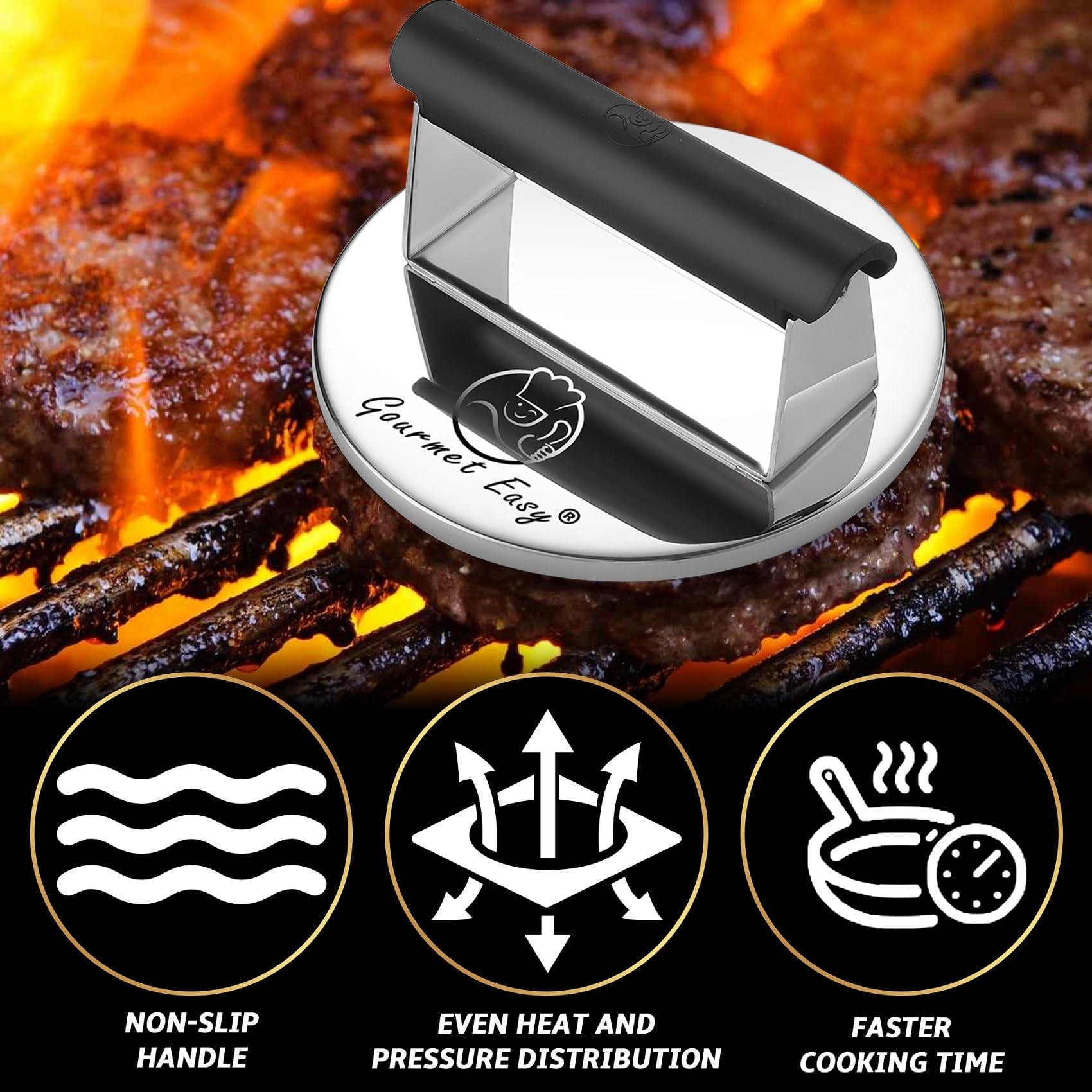 2Lb Smash Burger Press Stainless Steel, Burger Smasher For Griddle Heat Resistant Handle, Hamburger Press, Dishwasher Safe Grill