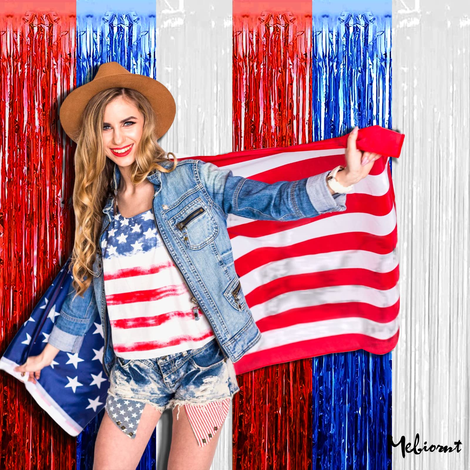 4 Pack 3.2Ft X 8.2Ft Independence Day Fringe Curtain Backdrop, Red Blue White Metallic Tinsel Foil Fringe Streamers Curtains Bac