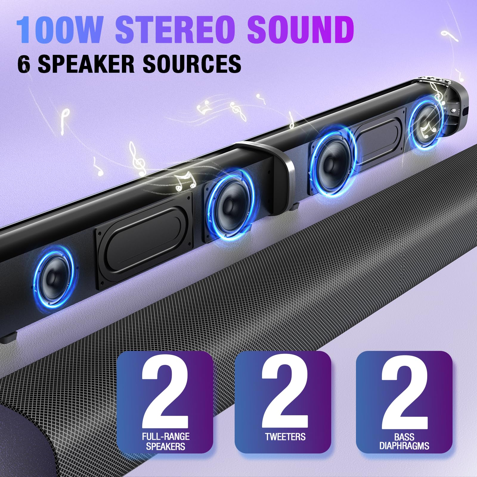 Yenjuty Sound Bar, 100W Sound Bar For Smart Tv, Bluetooth 5.3 Soundbar, 2 In 1 Detachable Home Speaker Bass Effect, Home Theater