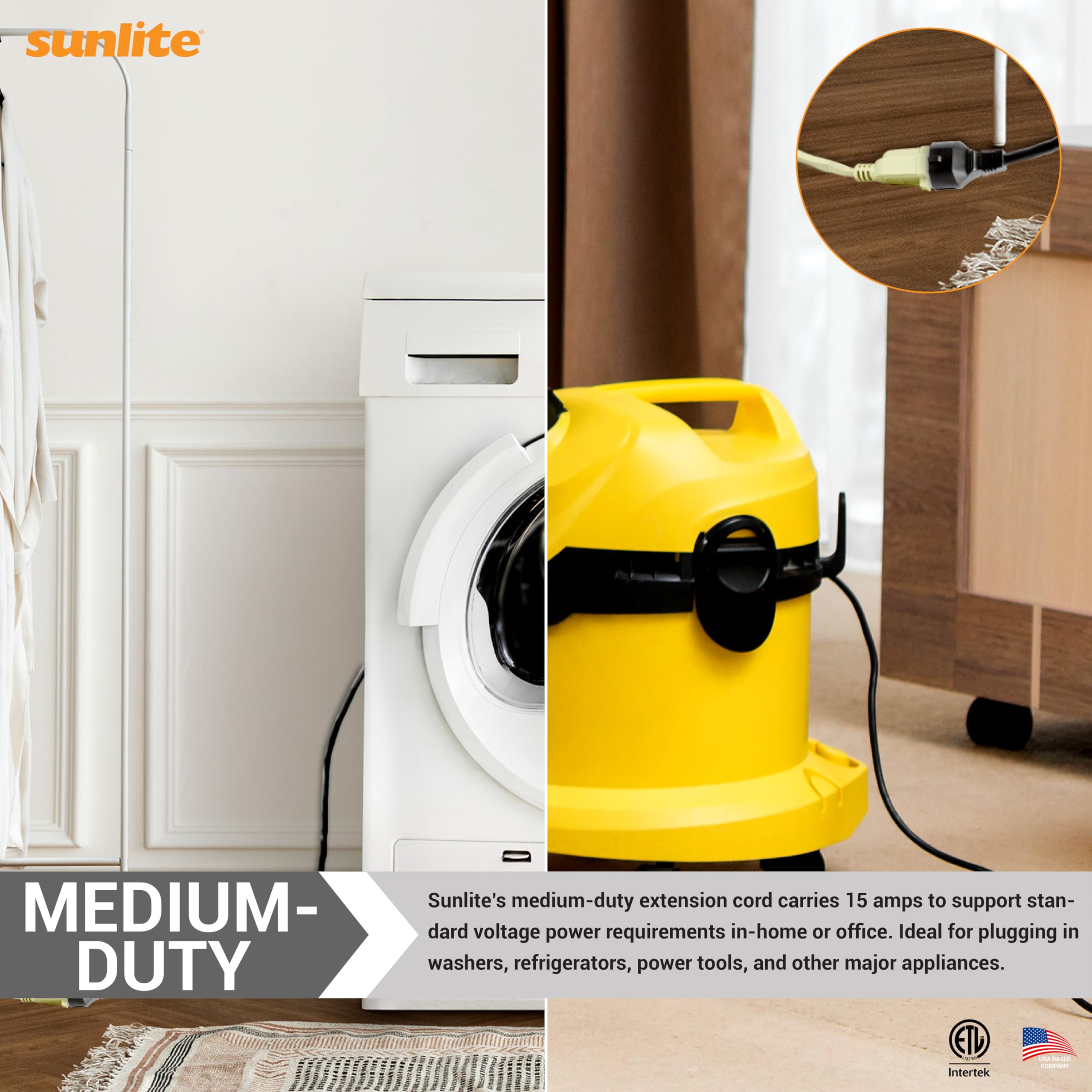 Sunlite 04160 Su Ex12/Ap Medium Duty 12 Foot Appliance Extension Cord, Three Prong, 14/3 Gauge, 15 Amp, Beige