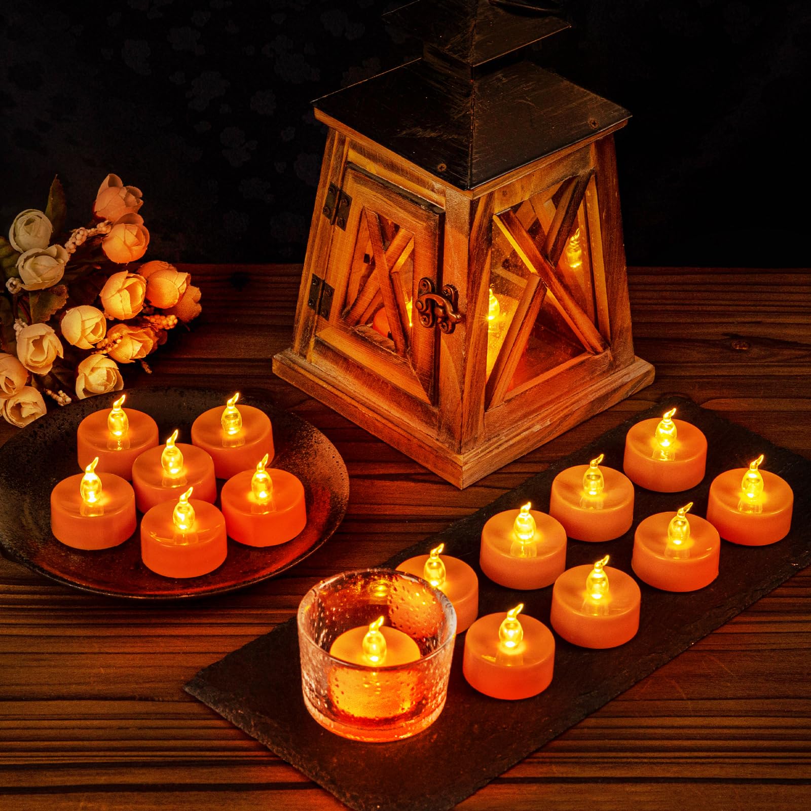 Windshell 24 Pcs Orange Flickering Flame Tea Lights, Battery Operated Led Tealight Candles, Orange Flameless Small Candles For P
