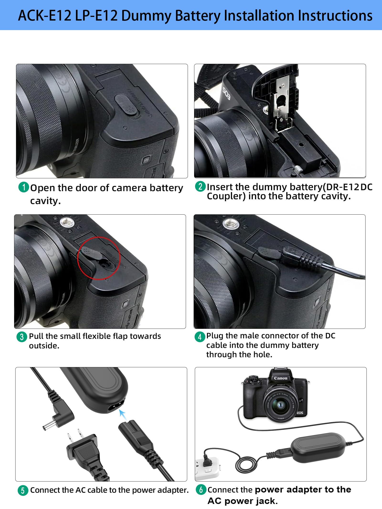 Tkdy Ack E12 Power Supply Lp E12 Eos M50 M200 Dummy Battery Dr E12 Dc Coupler Ac Adapter Kit, Fit For Canon Eos M200, M50, M50 Mark Ii, M100, M M2 M10, Kiss M, Kiss M2 Digital Cameras.