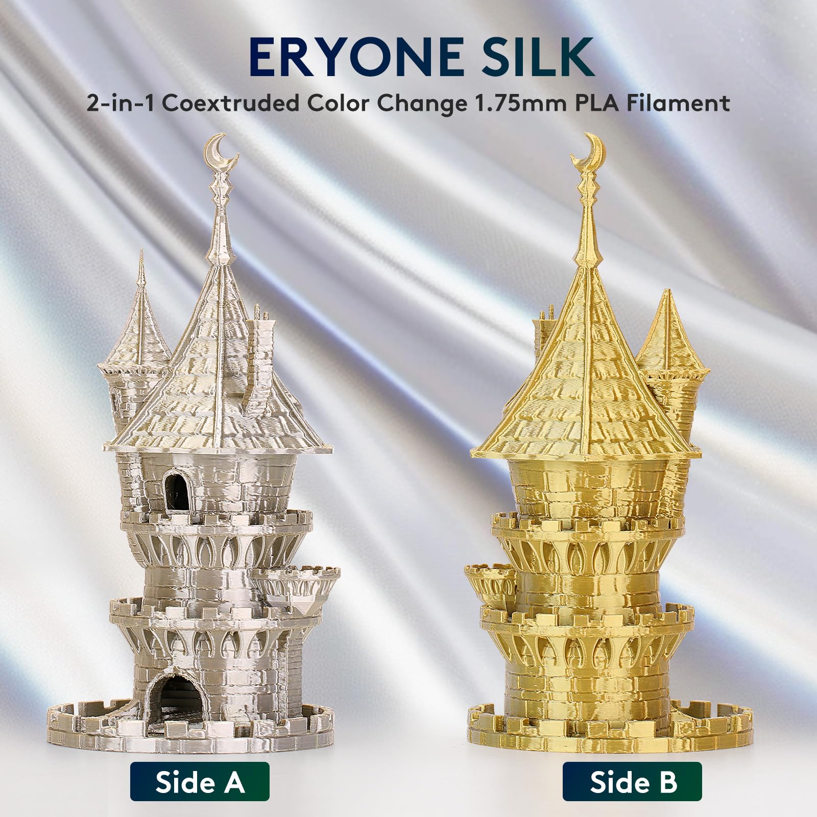 Eryone Silk Dual Color Filament Pla 3D Printer 1.75Mm +/  0.03Mm, Coextrusion Filament Pla Shiny Filament 1Kg(2.2Lbs), Gold Silv