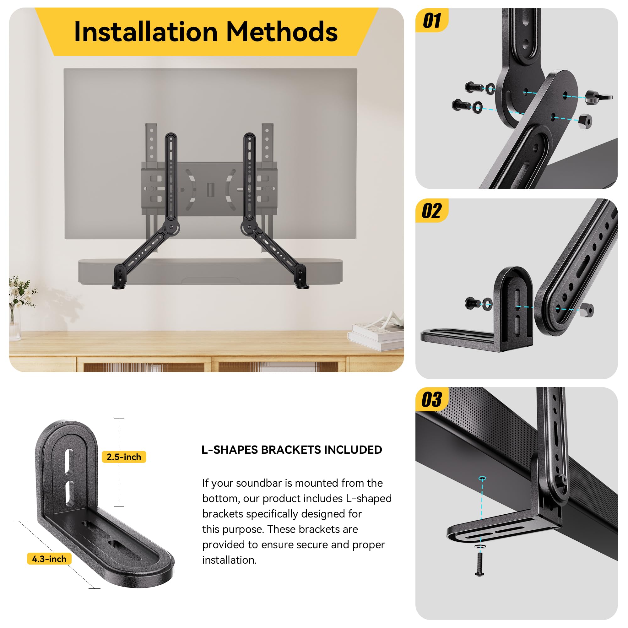 Ezise Soundbar Mount For Mounting Above Or Under Tv, Sound Bar Bracket Fits Most Sound Bars Up To 22 Lbs, Soundbar Tv Mount With