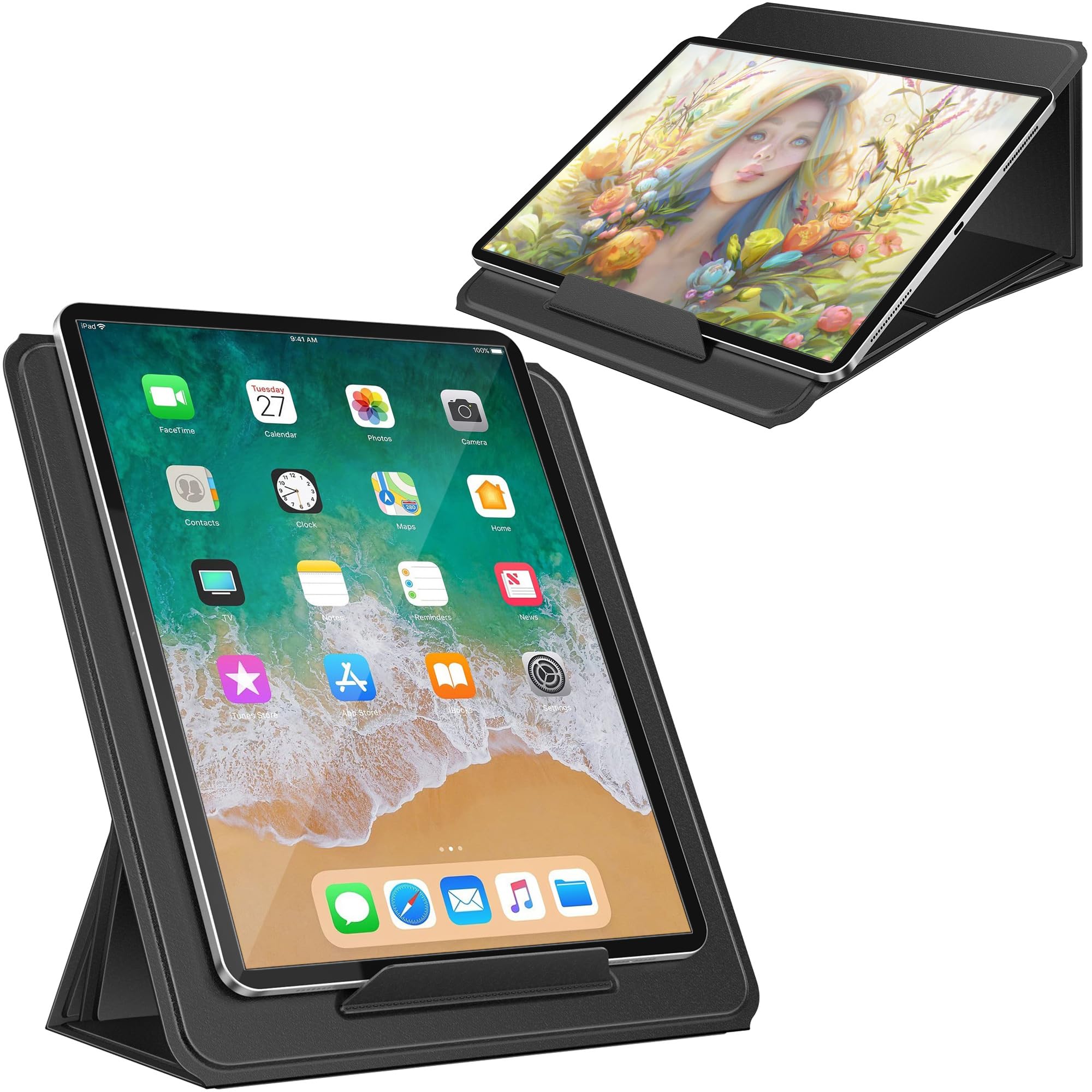 AboveTEK Portable Tablet Stand, 2 in 1 Foldable iPad Stand & Laptop Holder for Desk, Adjustable Travel Stand for 14'~17' MacBook Air/Pro/Tablets/Kindle, Ultra Sleek PU Leather Computer Riser