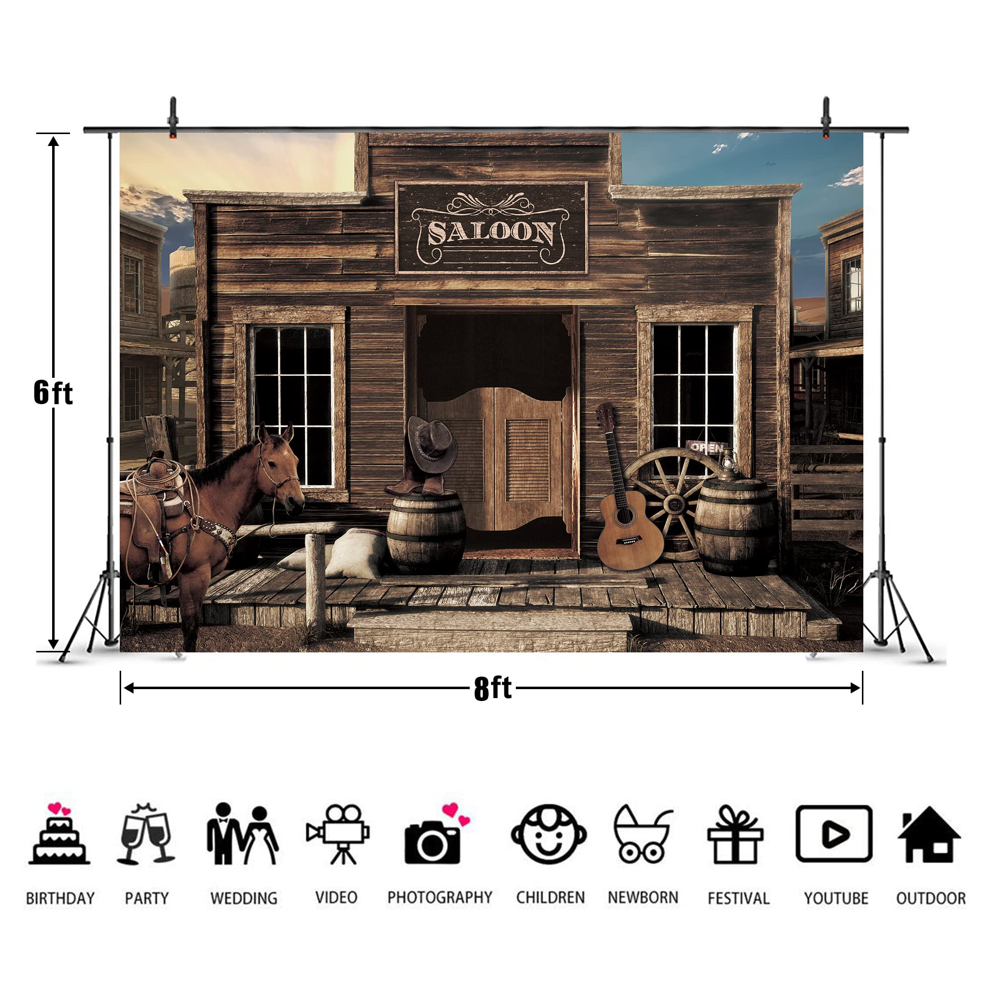 Imirell Vintage Western Cowboy Bar Backdrop 8Wx6H Feet Wild West Wooden House Barn Door Retro Horse Wheel Countryside Rural Old