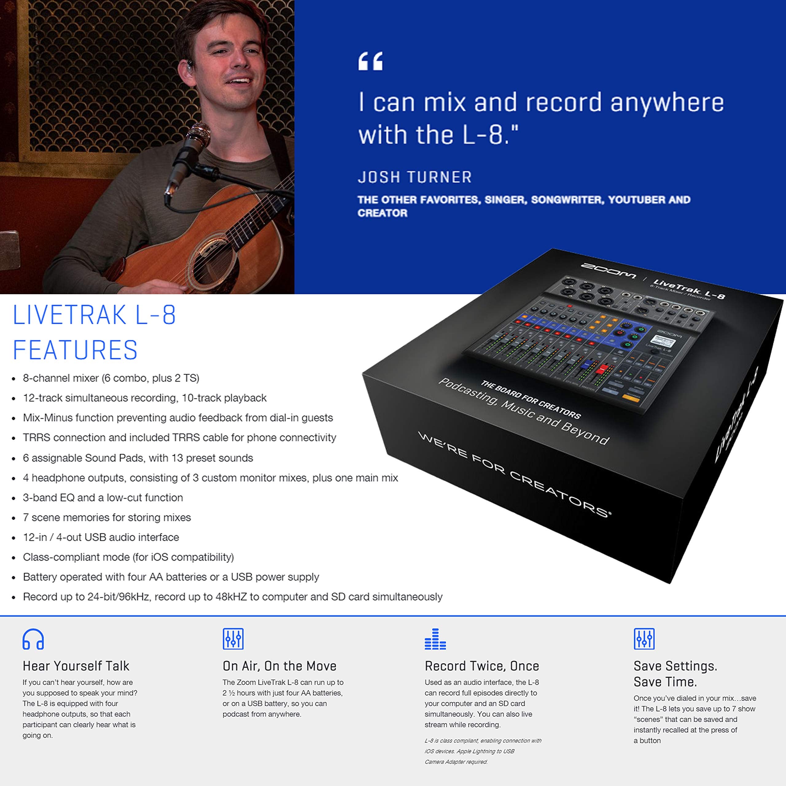 Zoom Livetrak L 8 Portable 8 Channel Digital Mixer And Multitrack Recorder Bundle With 32Gb Memory Card + Studio Headphones + St