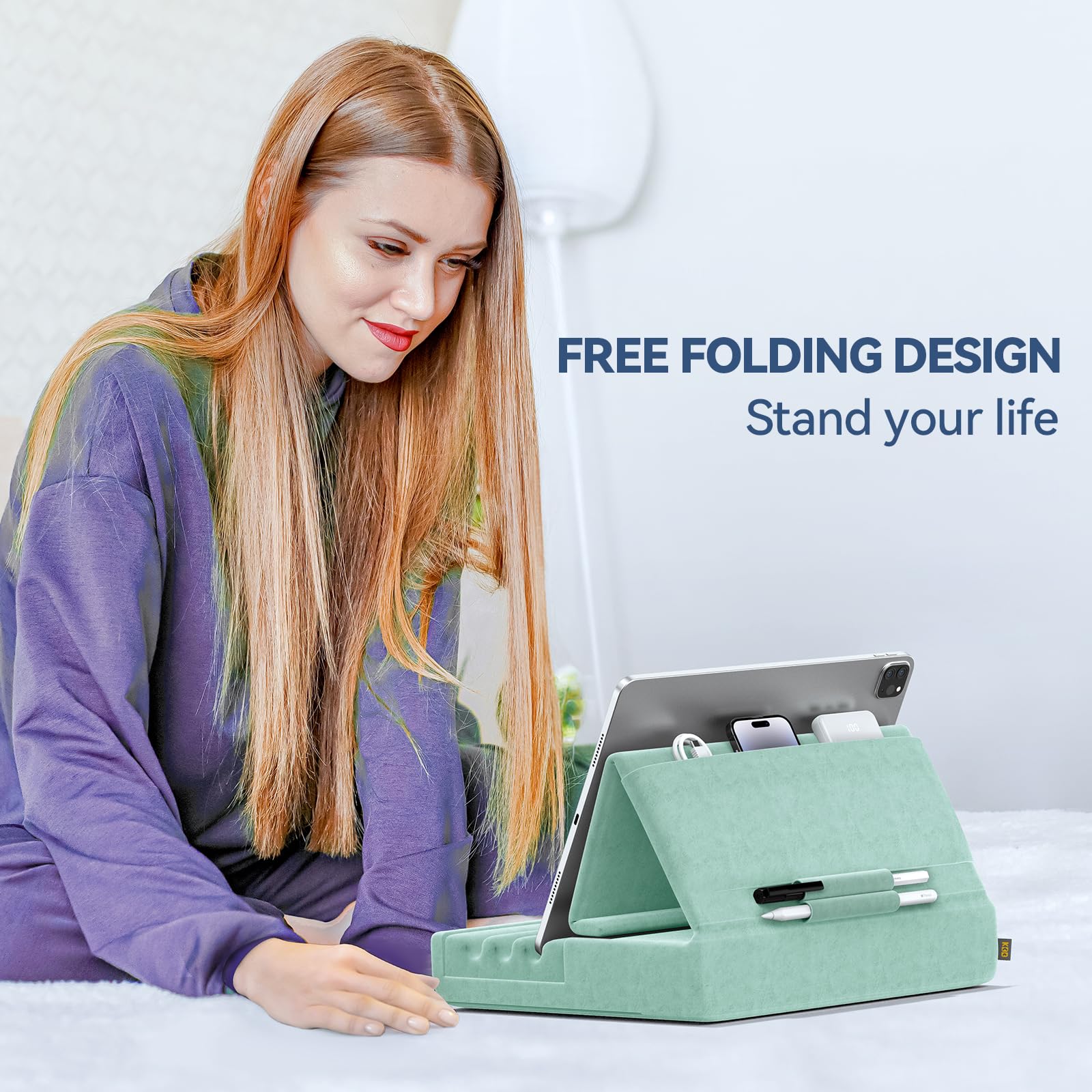 Kdd Tablet Pillow Holder, Foldable Ipad Stand For Lap, Bed And Desk  Tablet Soft Pad Dock With Pocket & Stylus Mount Compatible With Ipad Pro 12.9, 10.5, 9.7 Air Mini 6 5 4 3, E Reader