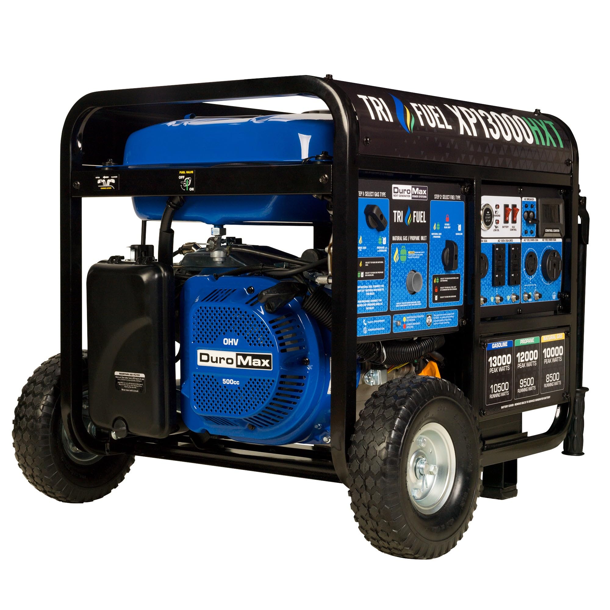 Duromax Xp13000Hxt 13,000 Watt 500Cc Tri Fuel Gas Propane Natural Gas Portable Generator With Co Alert, Black/Blue