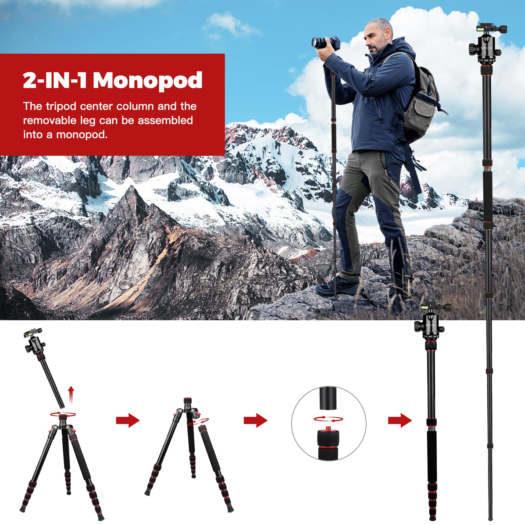 Tripod For Camera, 80� Heavy Duty Camera Tripod With Bag, Professional Ball Head Tripod With 1/4' Qr Plate, Aluminum Camera Tripod Stand For Spotting Scope Telescope, 2 In 1 Camera Tripods & Monopods