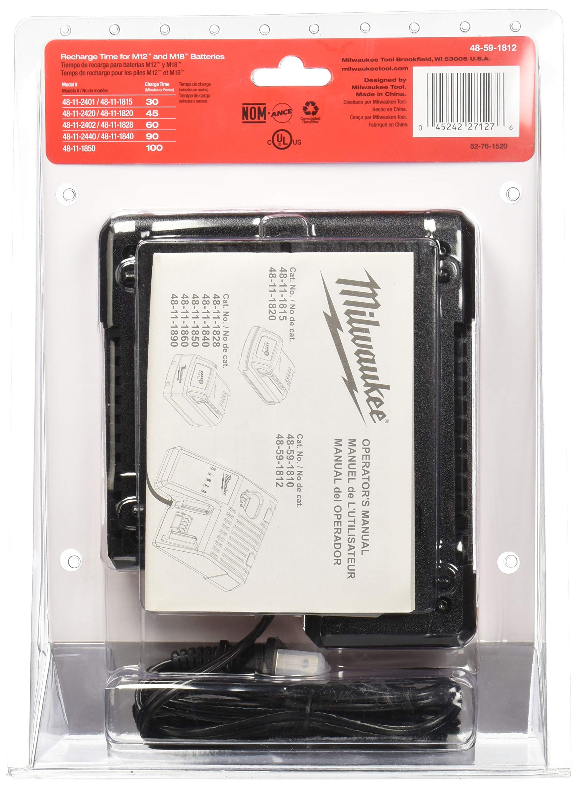 Milwaukee M12/M18 Multi Voltage Lithium Ion Battery Charger - Red, Full Size, Model 48-59-1812, Onboard Fuel Gauge