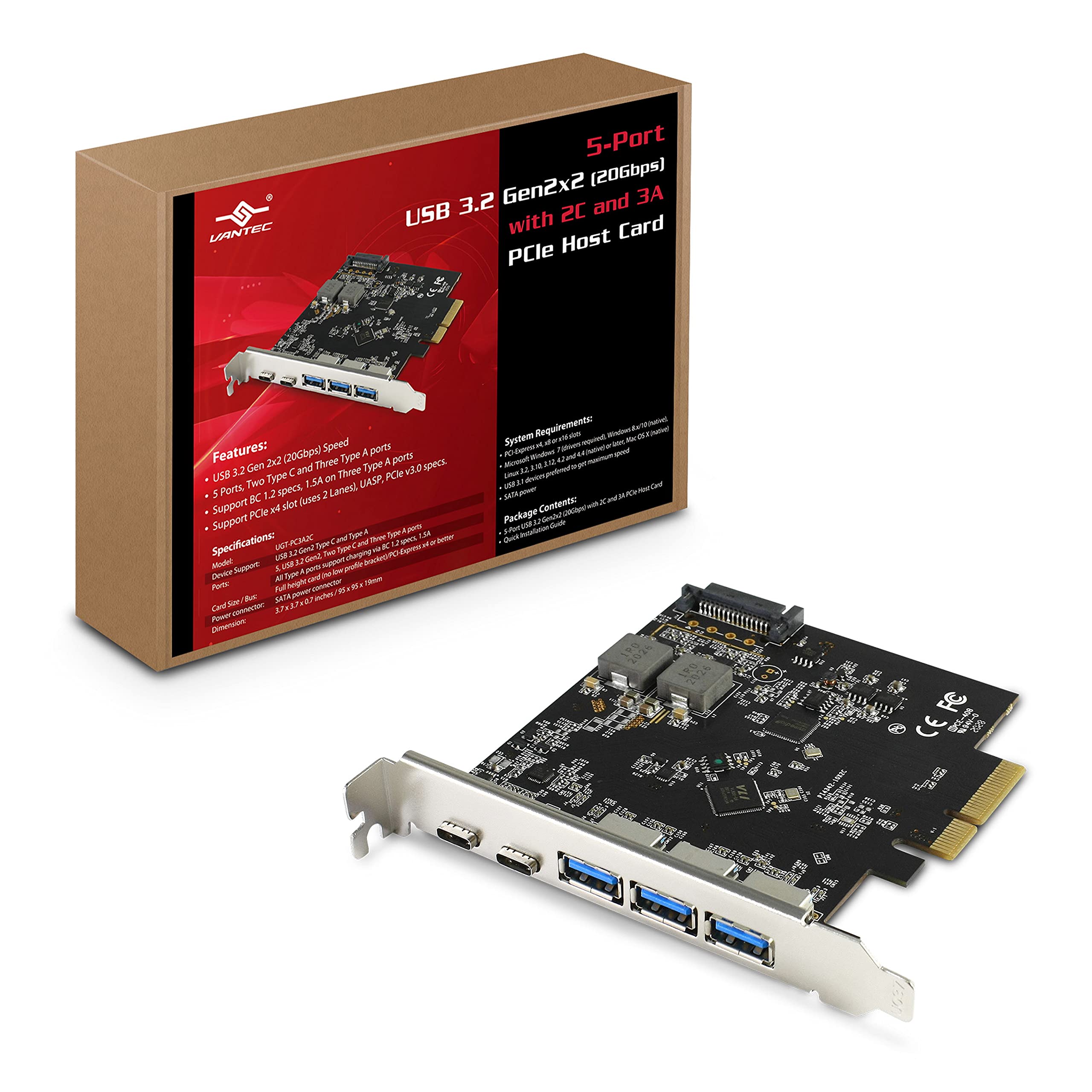 Vantec CC UGTPC3A2C 5PT USB3.2 Gen2x2 (20Gbps) With 2C And 3A PCIe Host Card