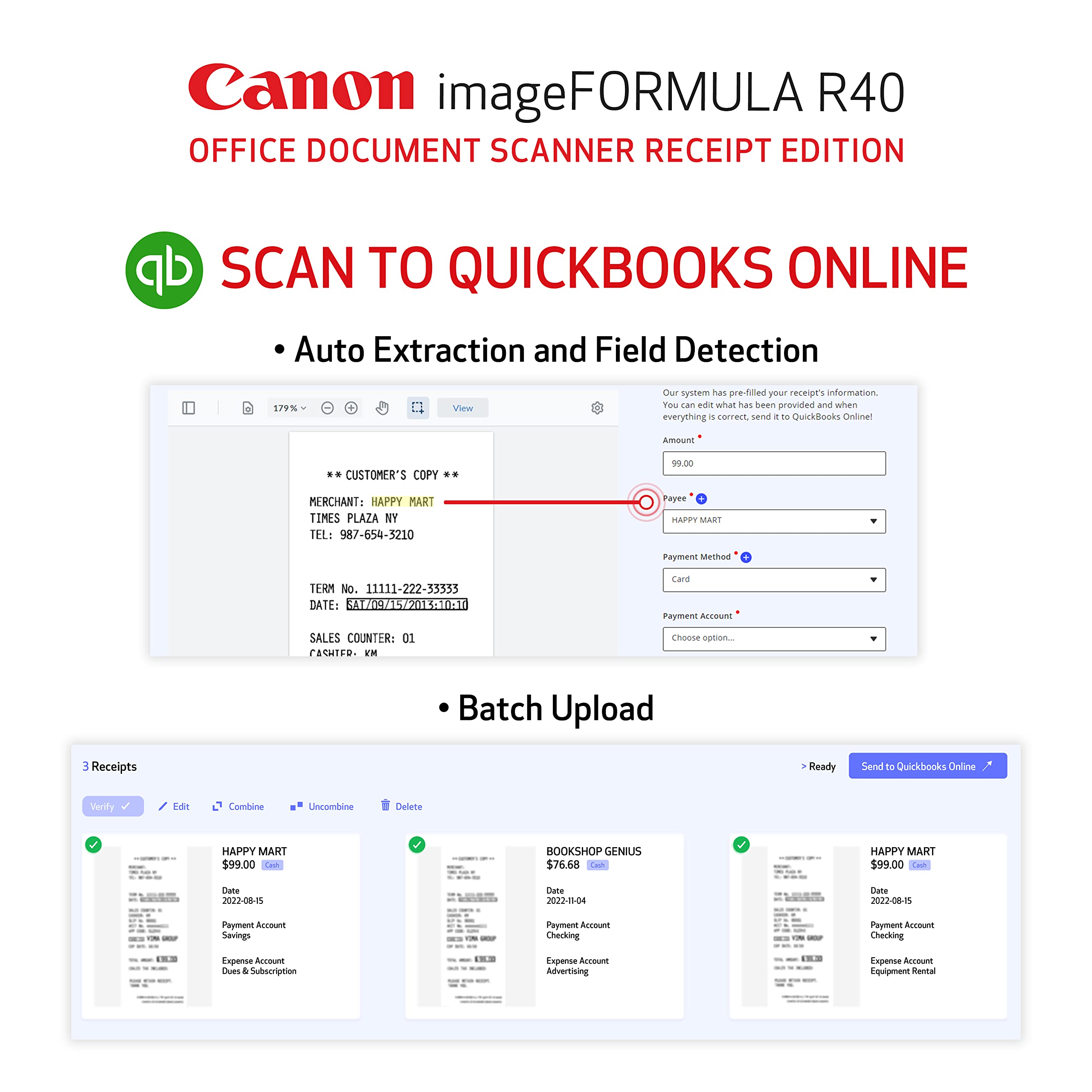 Canon Imageformula R40 Office Document Scanner Receipt Edition, For Pc And Mac, Scan & Extract Data To Quickbooks Online, Color