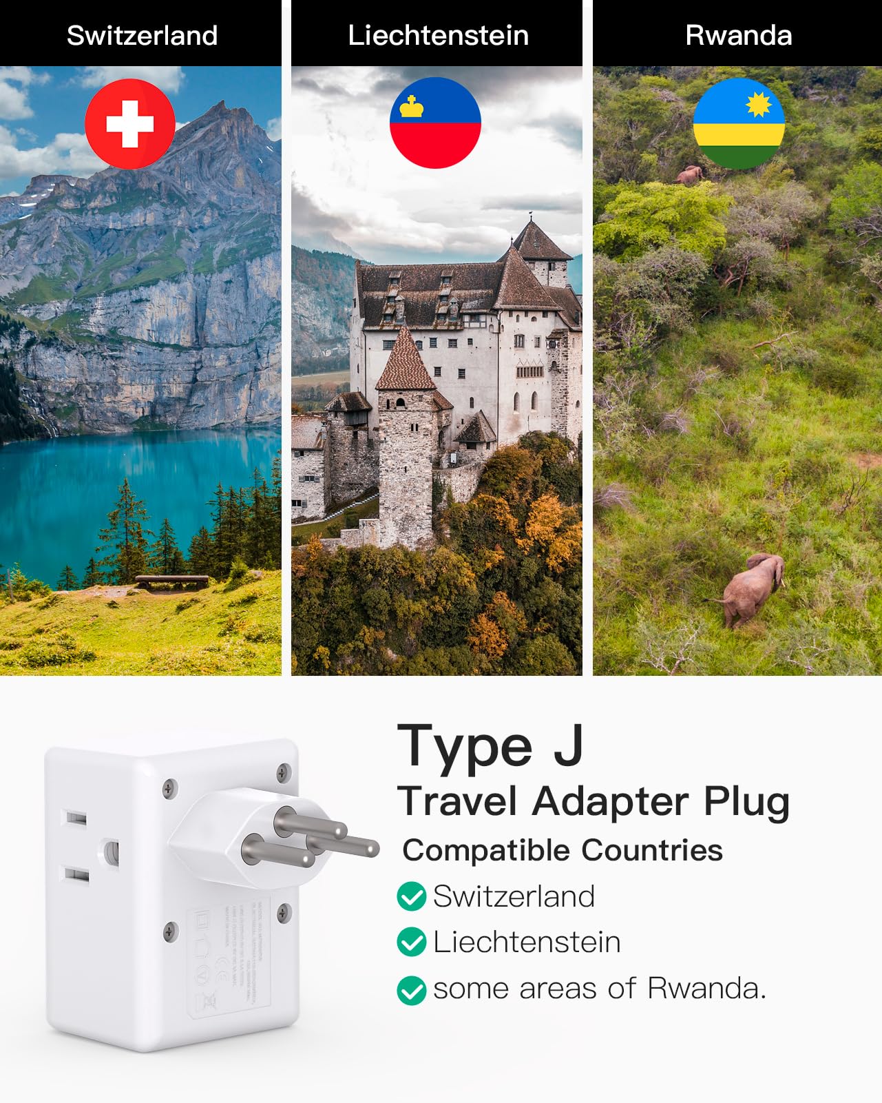 Switzerland Travel Plug Adapter, Swiss Outlet Adapter With 3 Outlets 3 Usb Charging Ports(1 Usb C), Type J Power Adapter, Travel